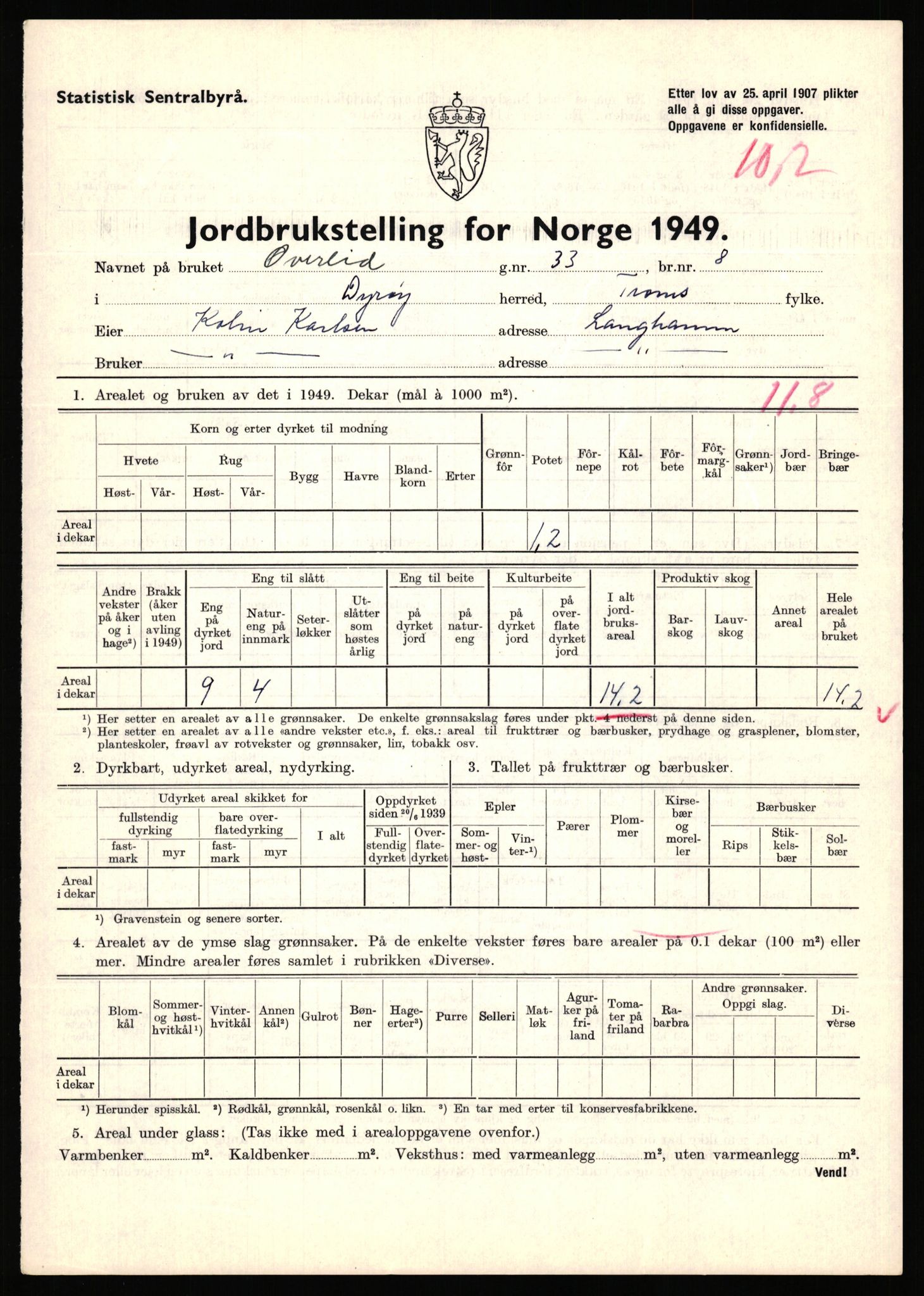 Statistisk sentralbyrå, Næringsøkonomiske emner, Jordbruk, skogbruk, jakt, fiske og fangst, AV/RA-S-2234/G/Gc/L0440: Troms: Sørreisa og Dyrøy, 1949, p. 1017