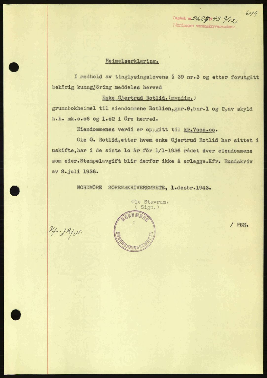 Nordmøre sorenskriveri, SAT/A-4132/1/2/2Ca: Mortgage book no. A96, 1943-1944, Diary no: : 2627/1943