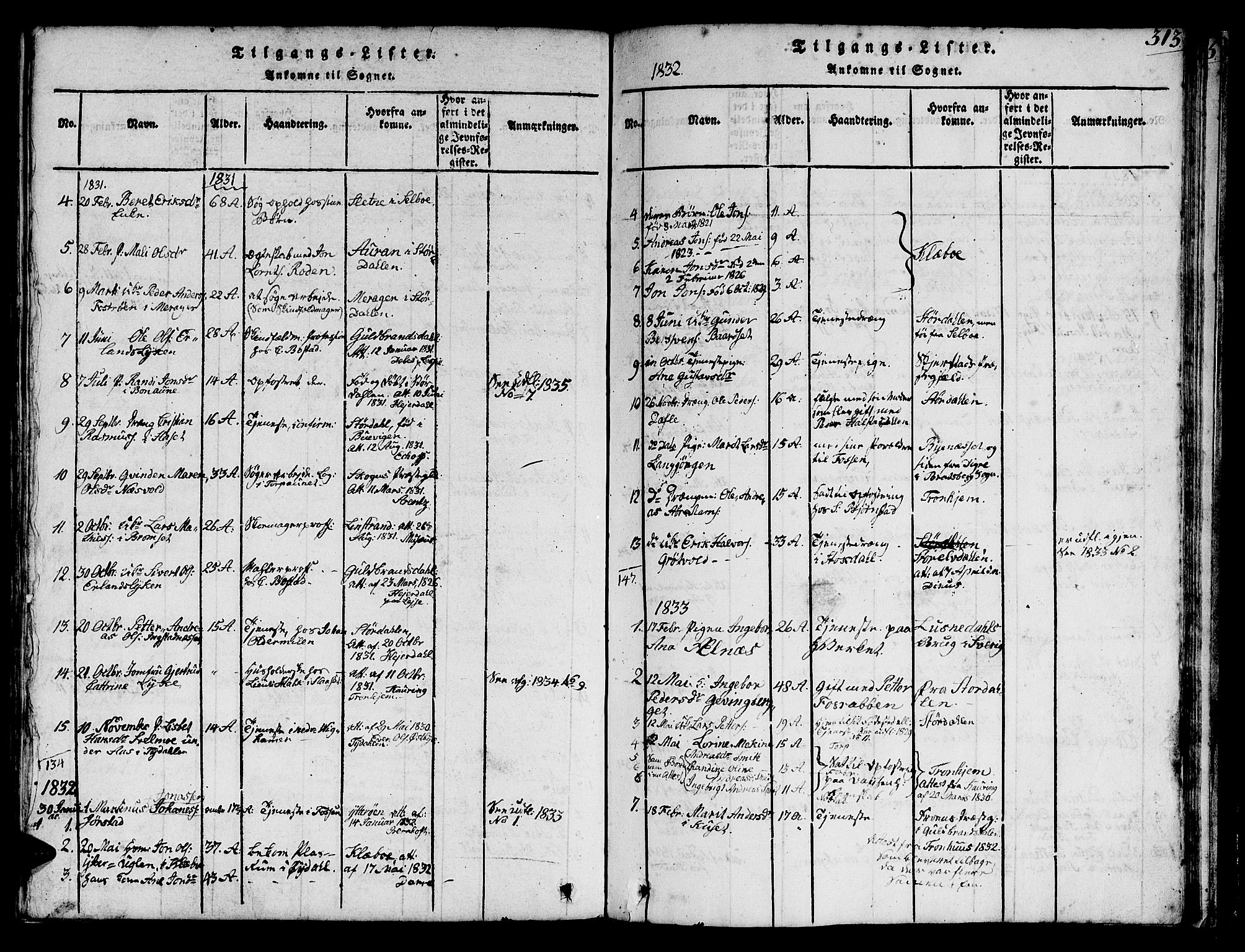 Ministerialprotokoller, klokkerbøker og fødselsregistre - Sør-Trøndelag, SAT/A-1456/616/L0420: Parish register (copy) no. 616C03, 1817-1835, p. 313