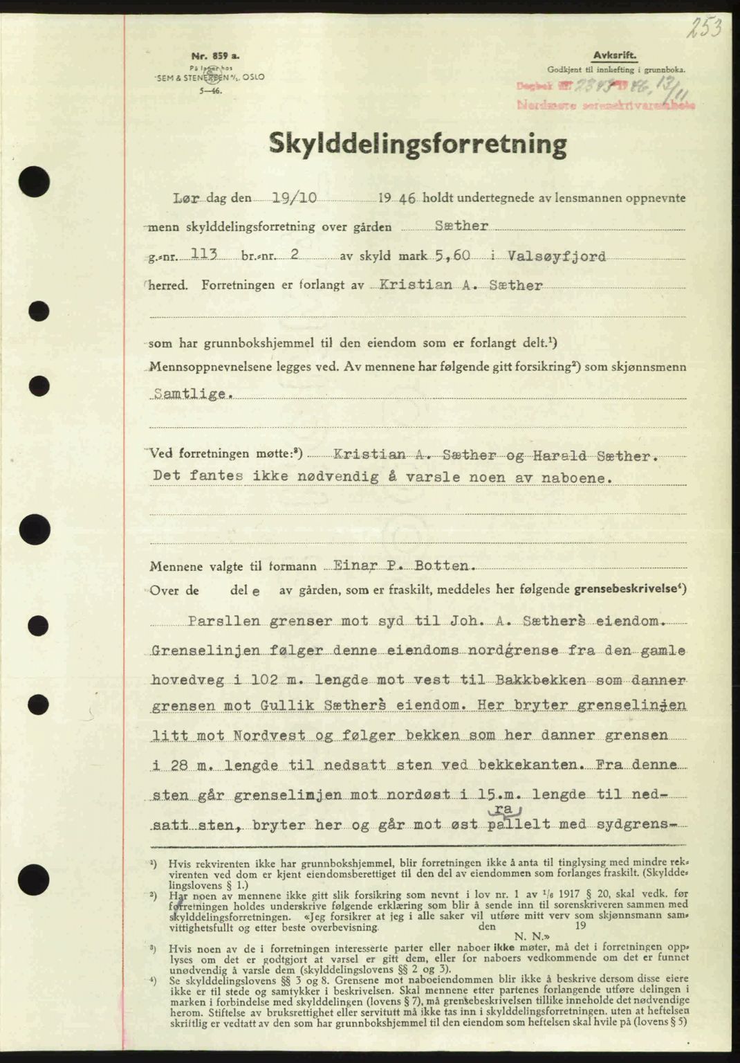 Nordmøre sorenskriveri, AV/SAT-A-4132/1/2/2Ca: Mortgage book no. A103, 1946-1947, Diary no: : 2343/1946