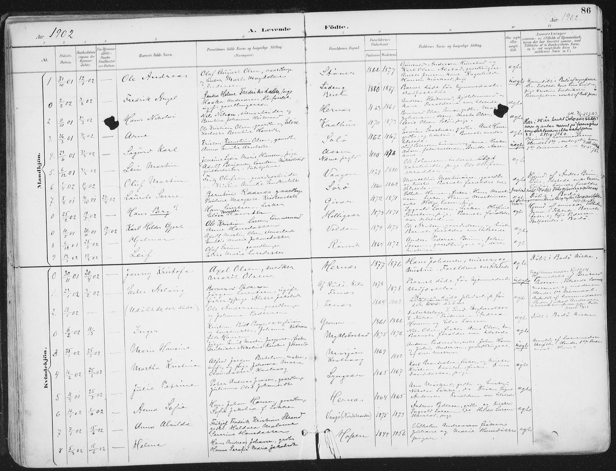 Ministerialprotokoller, klokkerbøker og fødselsregistre - Nordland, AV/SAT-A-1459/802/L0055: Parish register (official) no. 802A02, 1894-1915, p. 86