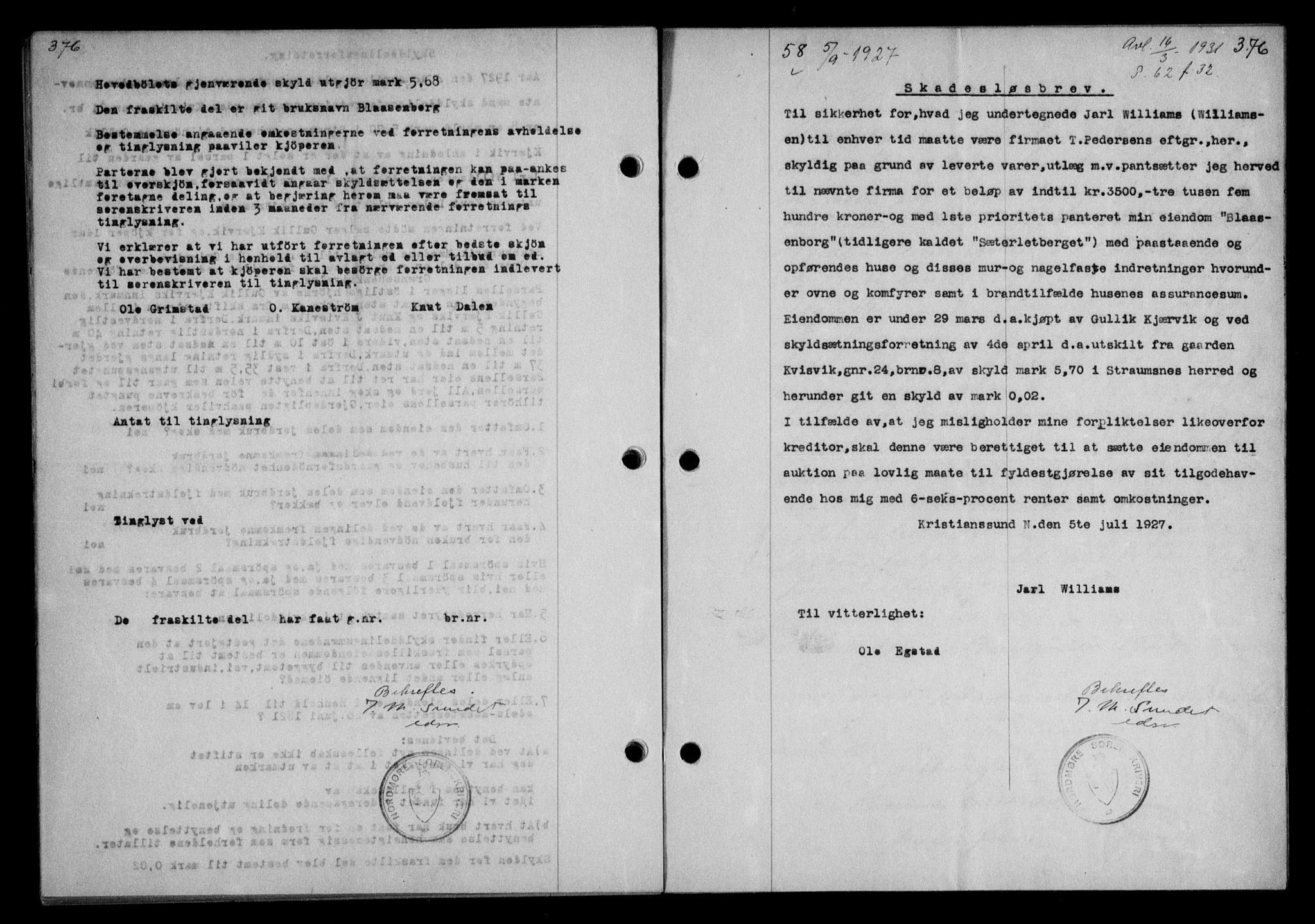 Nordmøre sorenskriveri, AV/SAT-A-4132/1/2/2Ca/L0062: Mortgage book no. 52, 1927-1927, Deed date: 05.09.1927