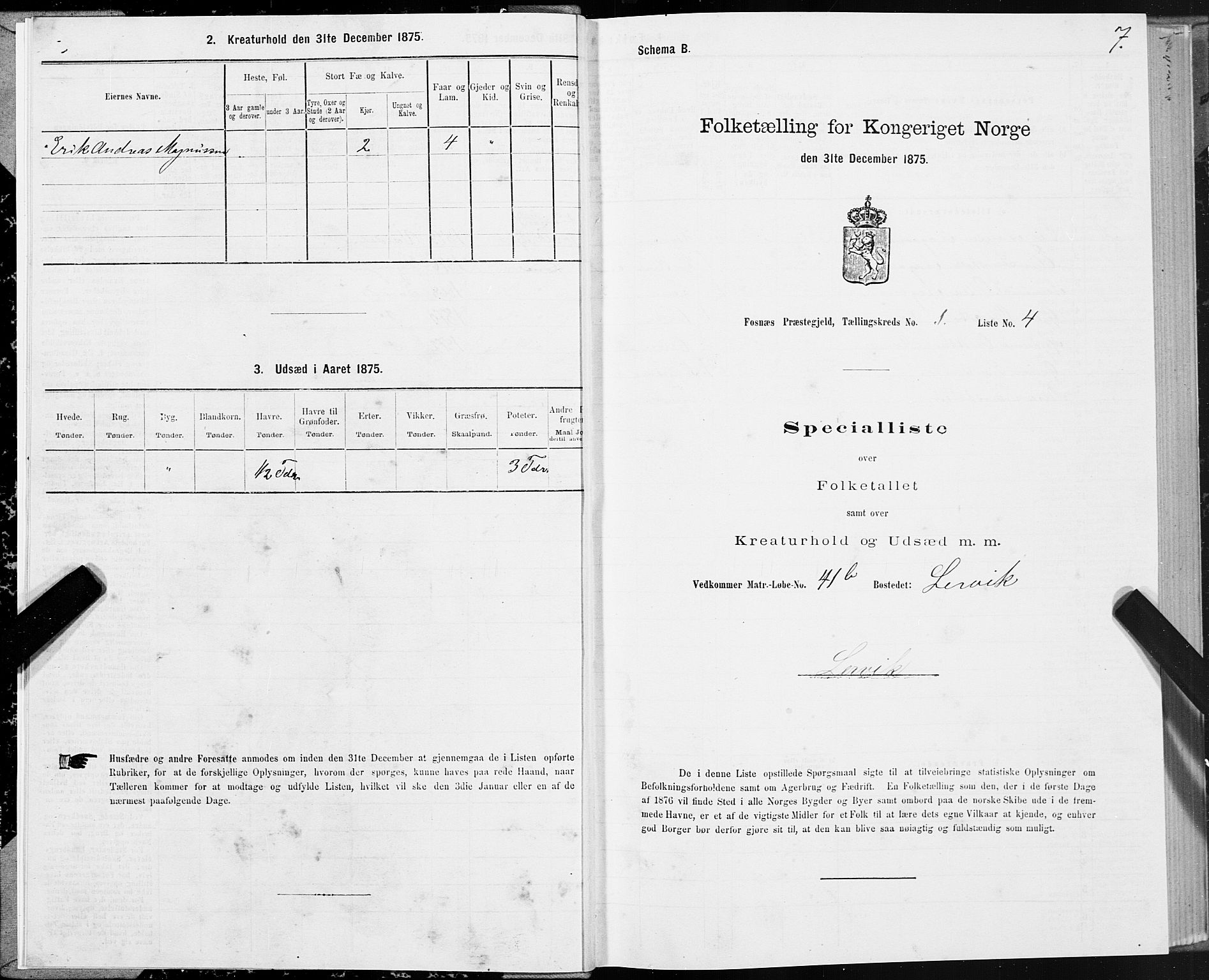 SAT, 1875 census for 1748P Fosnes, 1875, p. 3007