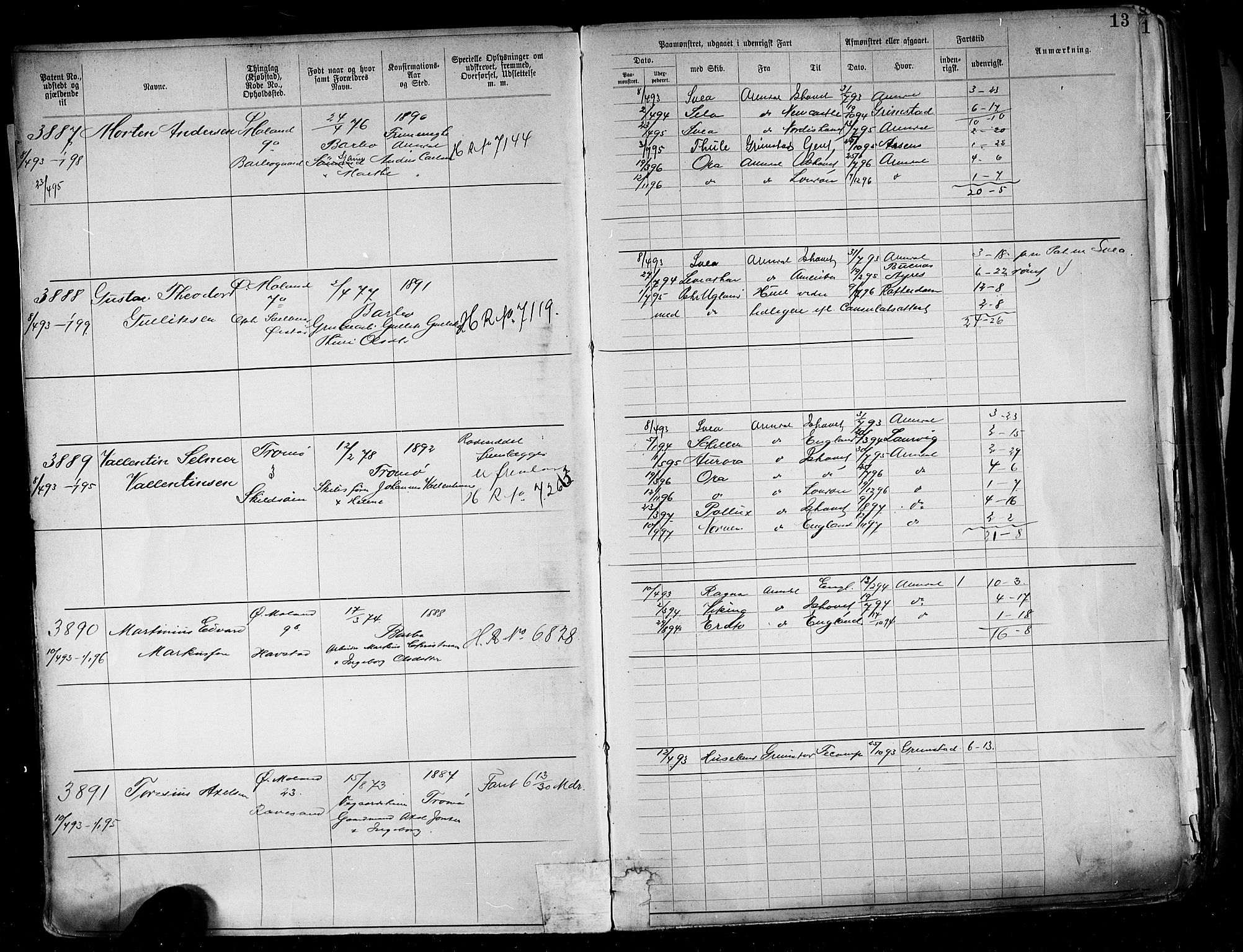 Arendal mønstringskrets, AV/SAK-2031-0012/F/Fa/L0004: Annotasjonsrulle nr 3828-4715 og nr 1-1296, S-4, 1892-1918, p. 16