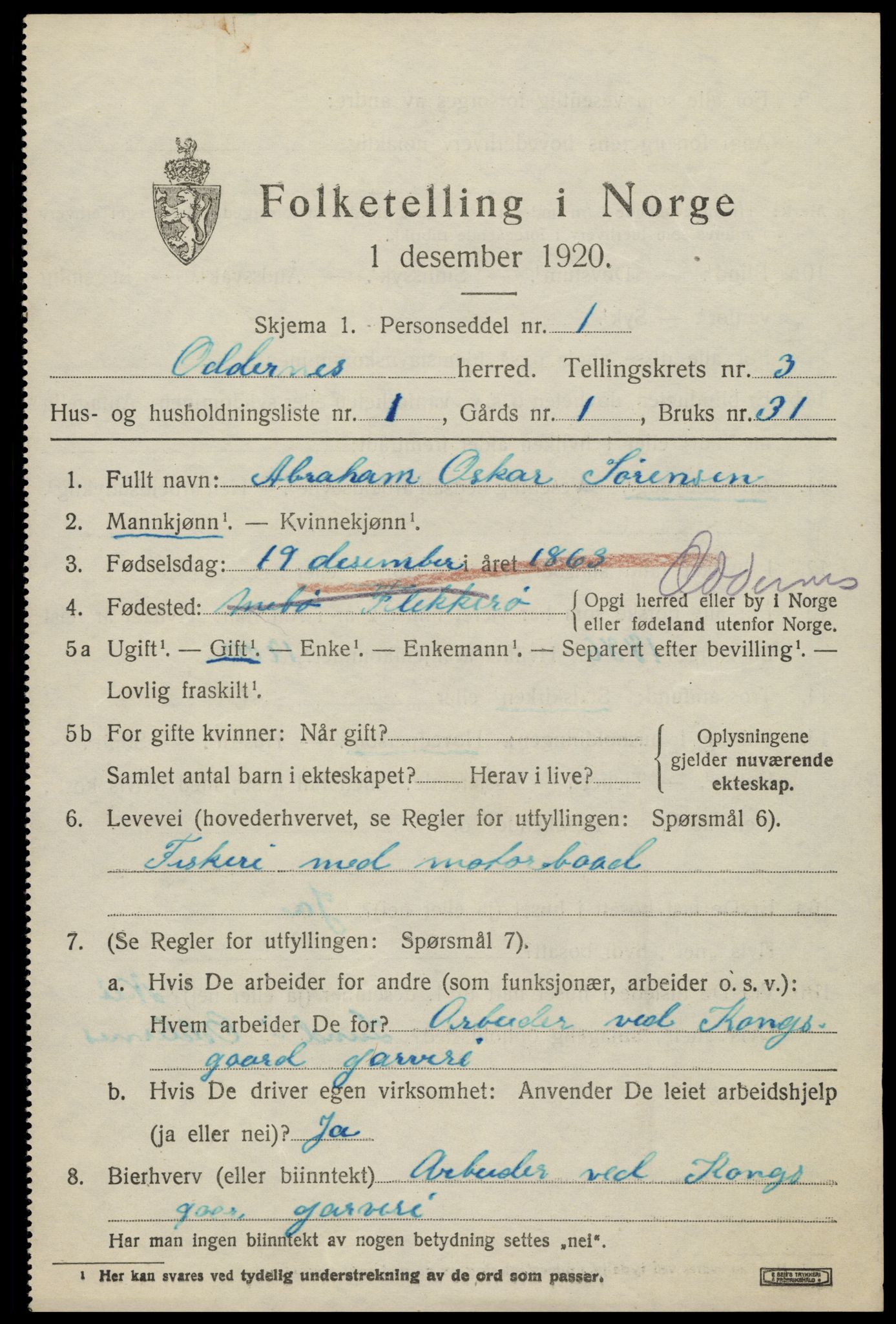 SAK, 1920 census for Oddernes, 1920, p. 3349