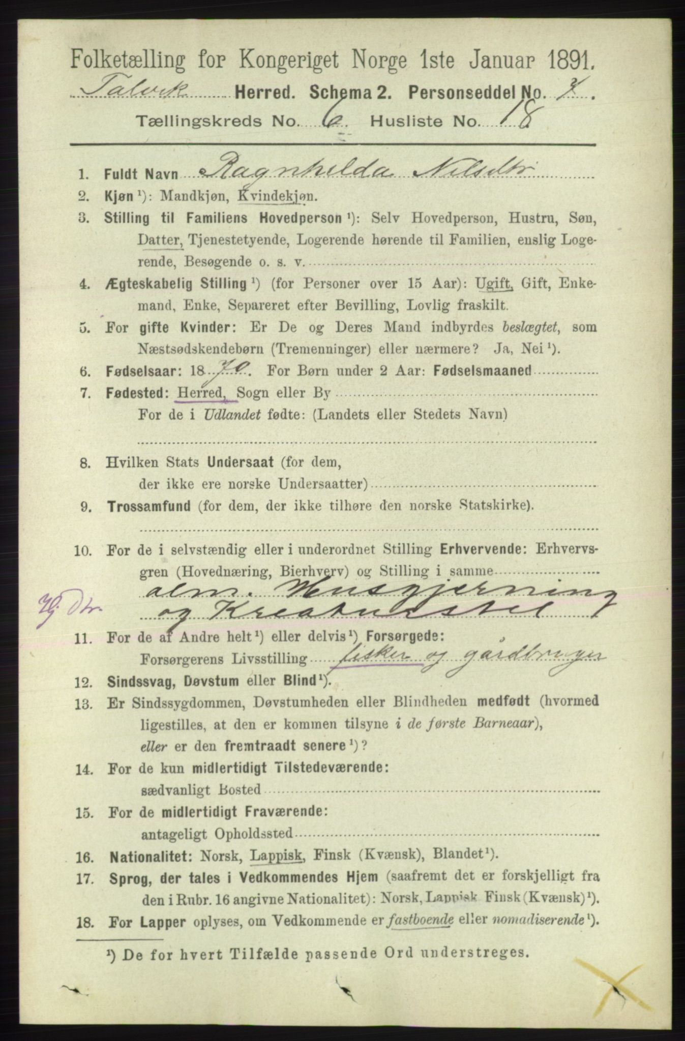 RA, 1891 census for 2013 Talvik, 1891, p. 1720