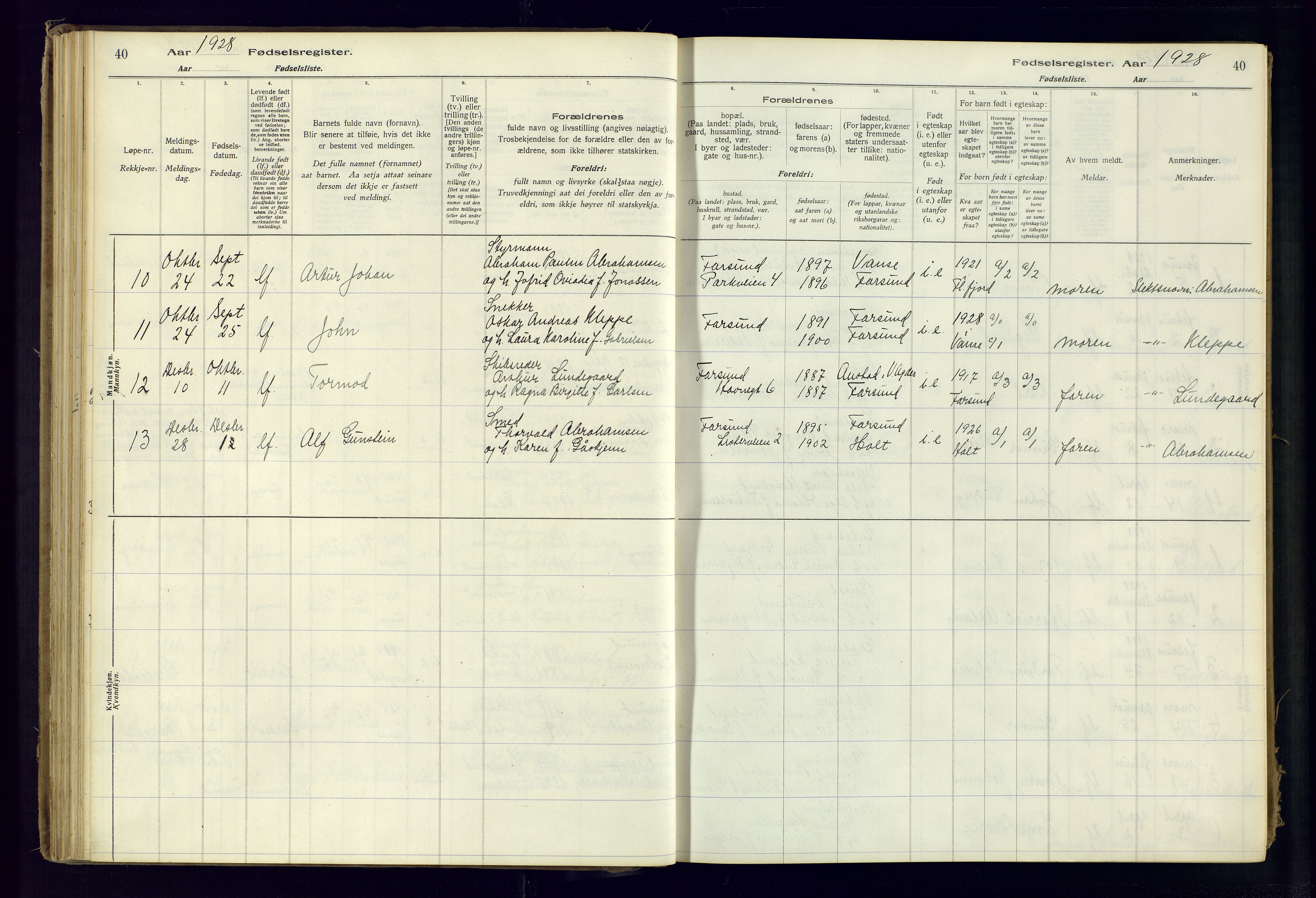 Farsund sokneprestkontor, AV/SAK-1111-0009/J/Ja/L0001: Birth register no. A-VI-8, 1916-1950, p. 40