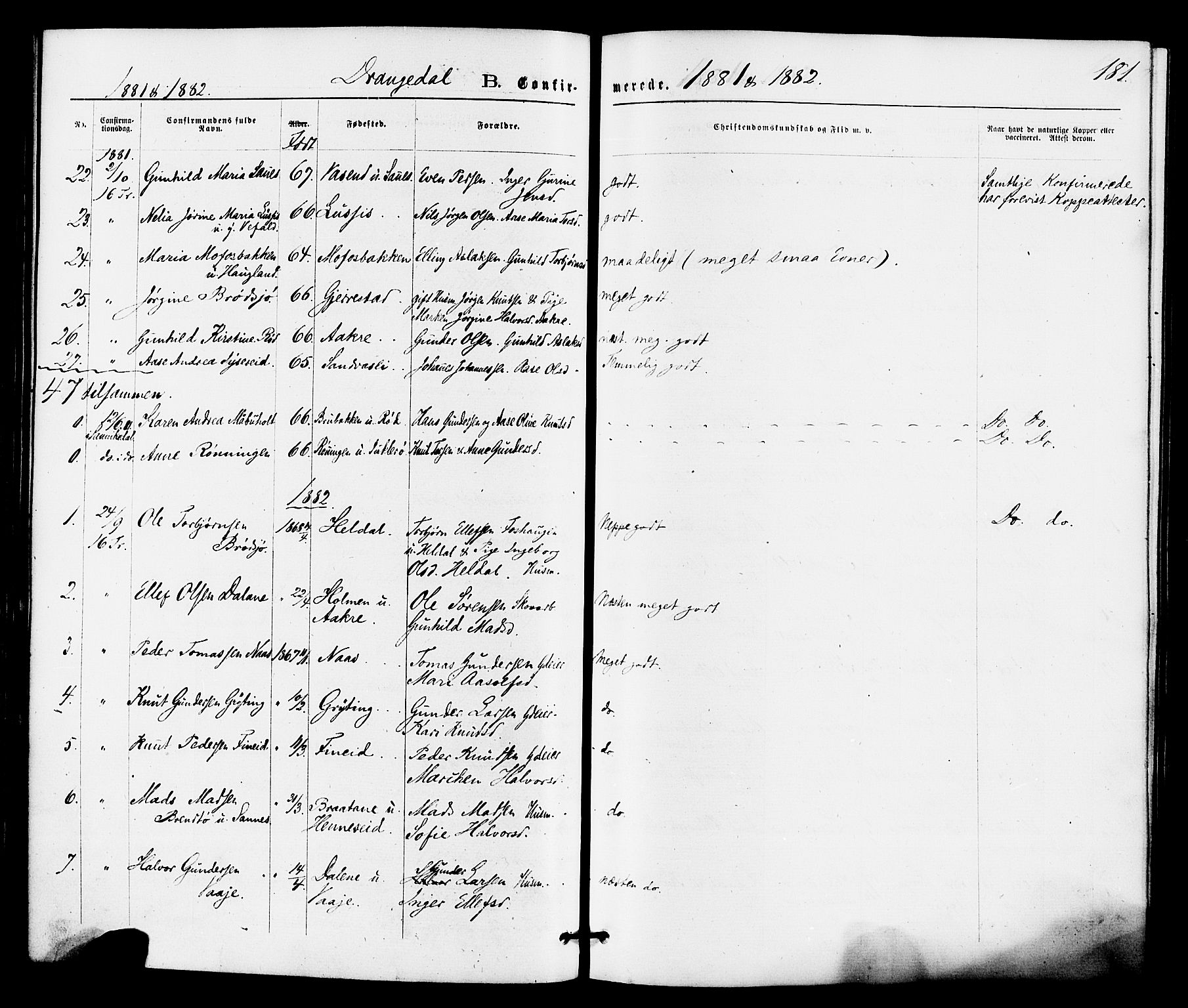 Drangedal kirkebøker, SAKO/A-258/F/Fa/L0009: Parish register (official) no. 9 /1, 1872-1884, p. 181