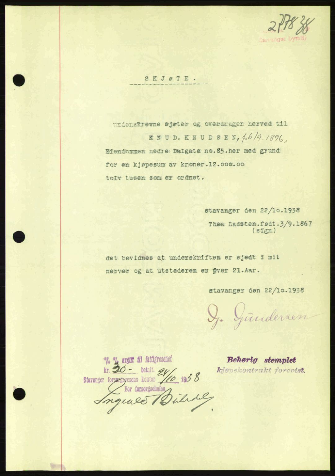 Stavanger byrett, SAST/A-100455/002/G/Gb/L0014: Mortgage book no. A4, 1938-1939, Diary no: : 2778/1938