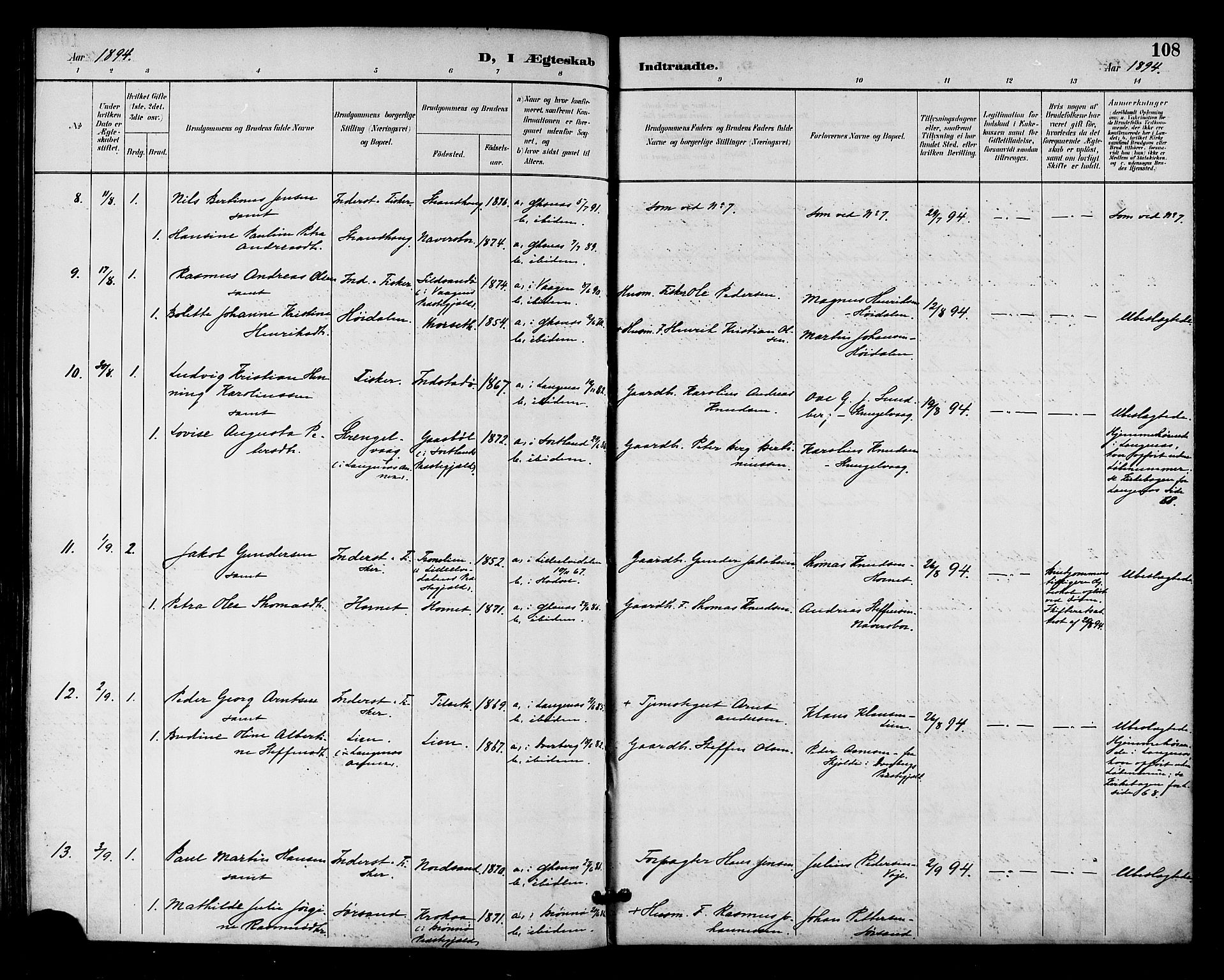 Ministerialprotokoller, klokkerbøker og fødselsregistre - Nordland, AV/SAT-A-1459/893/L1338: Parish register (official) no. 893A10, 1894-1903, p. 108