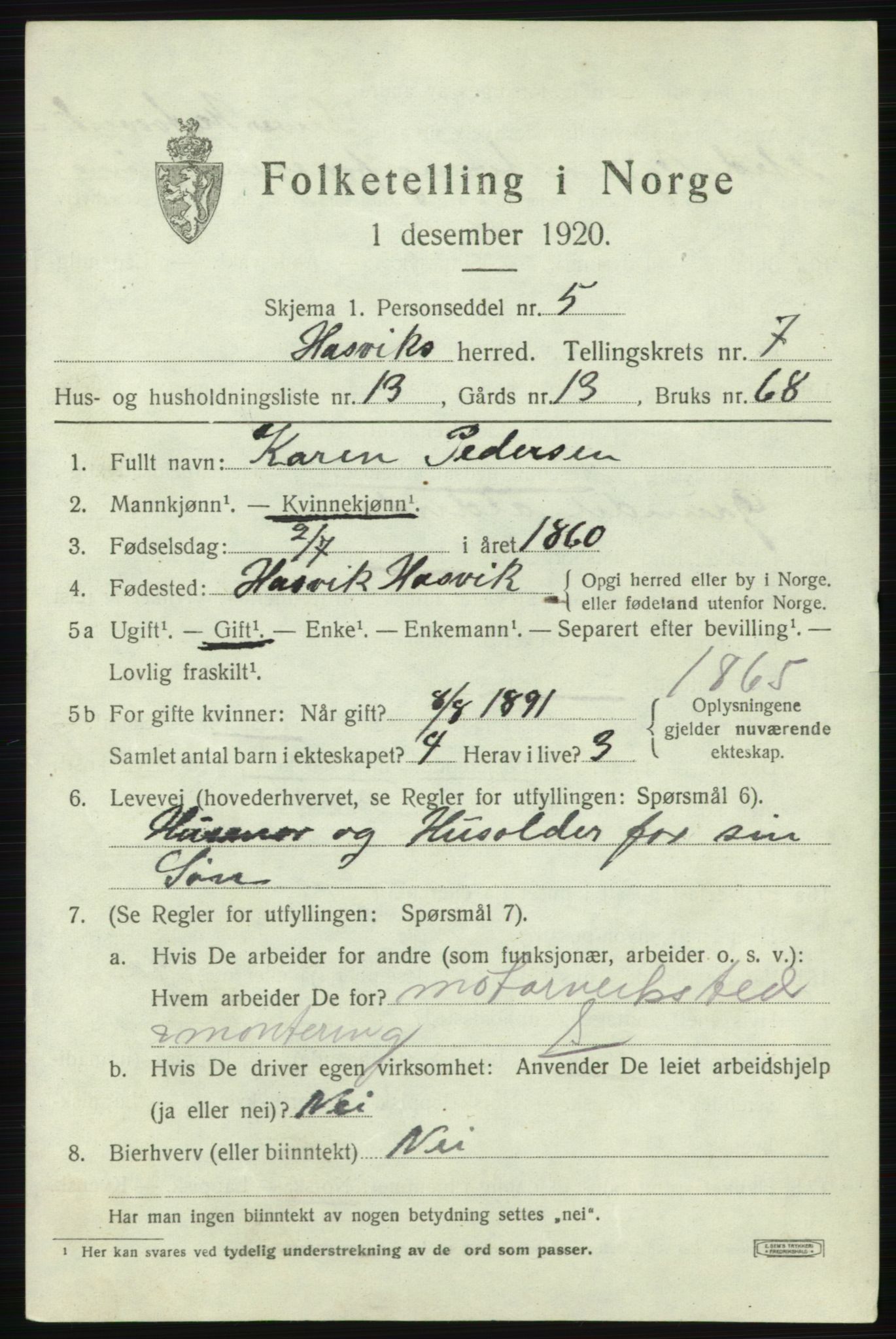 SATØ, 1920 census for Hasvik, 1920, p. 3033