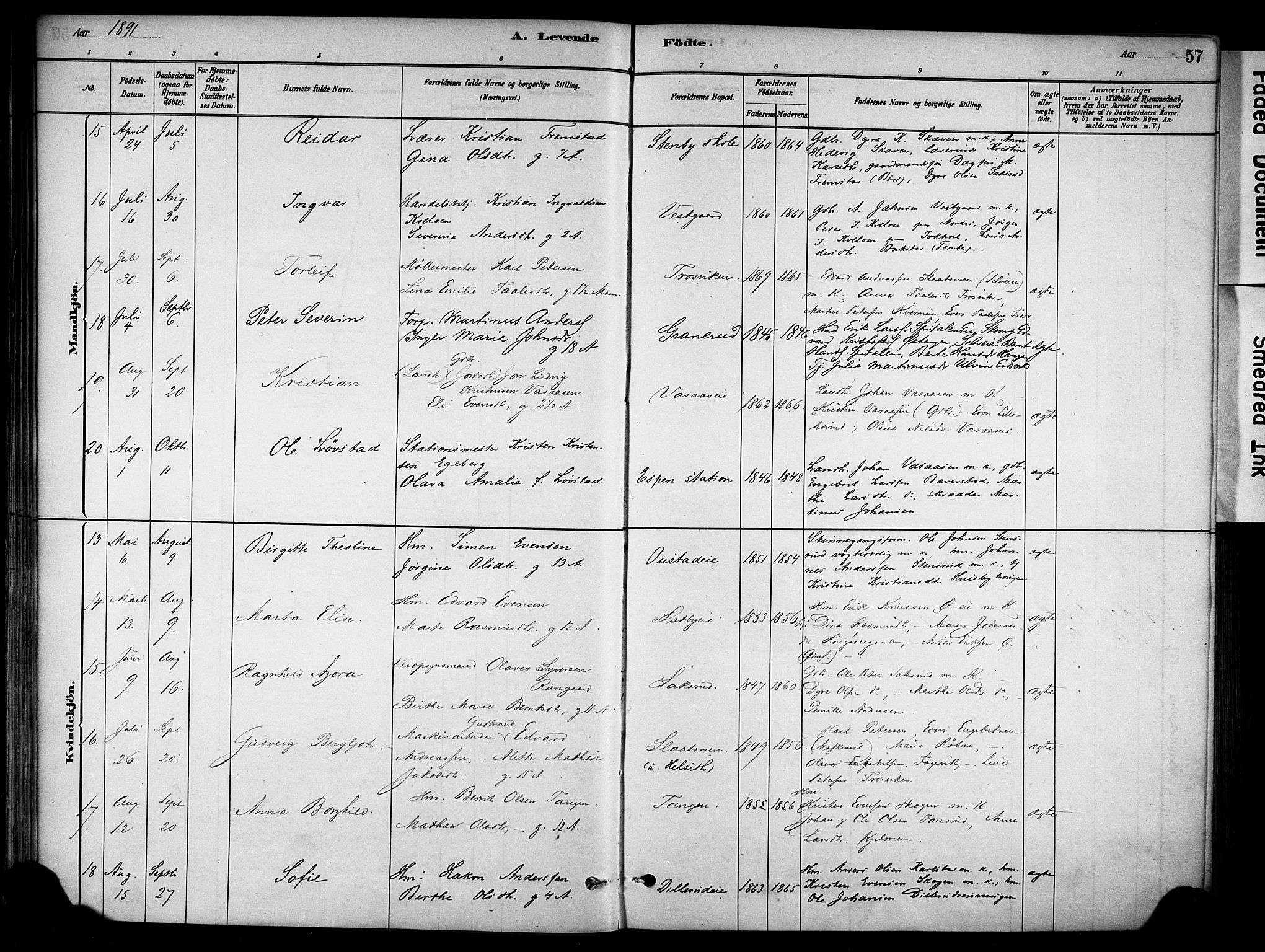 Stange prestekontor, AV/SAH-PREST-002/K/L0018: Parish register (official) no. 18, 1880-1896, p. 57