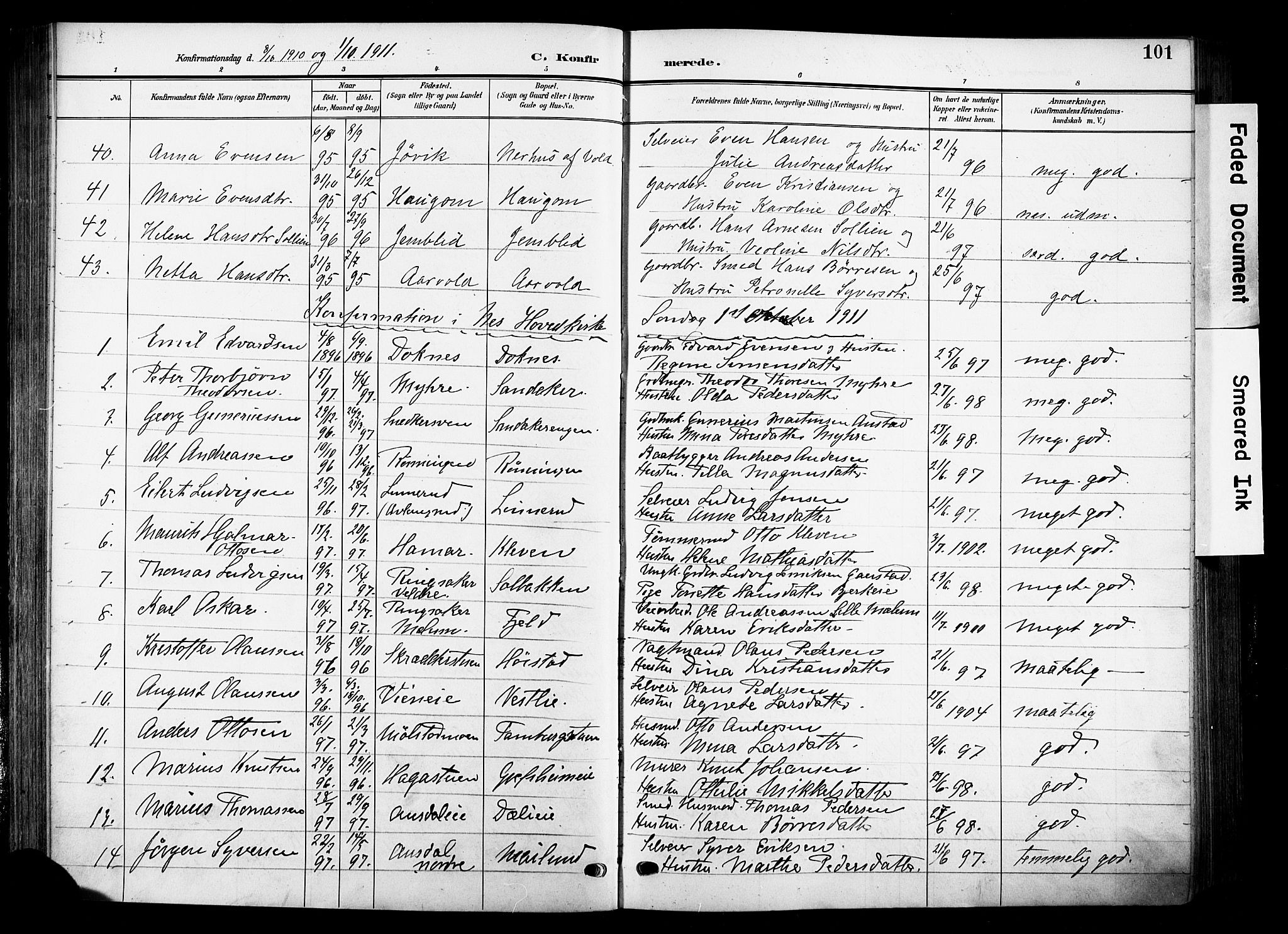 Nes prestekontor, Hedmark, SAH/PREST-020/K/Ka/L0014: Parish register (official) no. 14, 1906-1929, p. 101