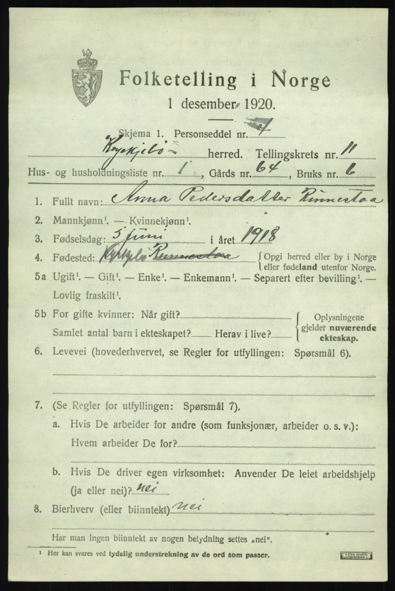 SAB, 1920 census for Kyrkjebø, 1920, p. 5721