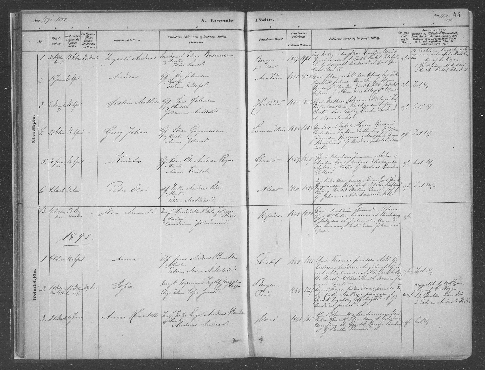 Askvoll sokneprestembete, SAB/A-79501/H/Haa/Haac/L0001: Parish register (official) no. C  1, 1879-1922, p. 44
