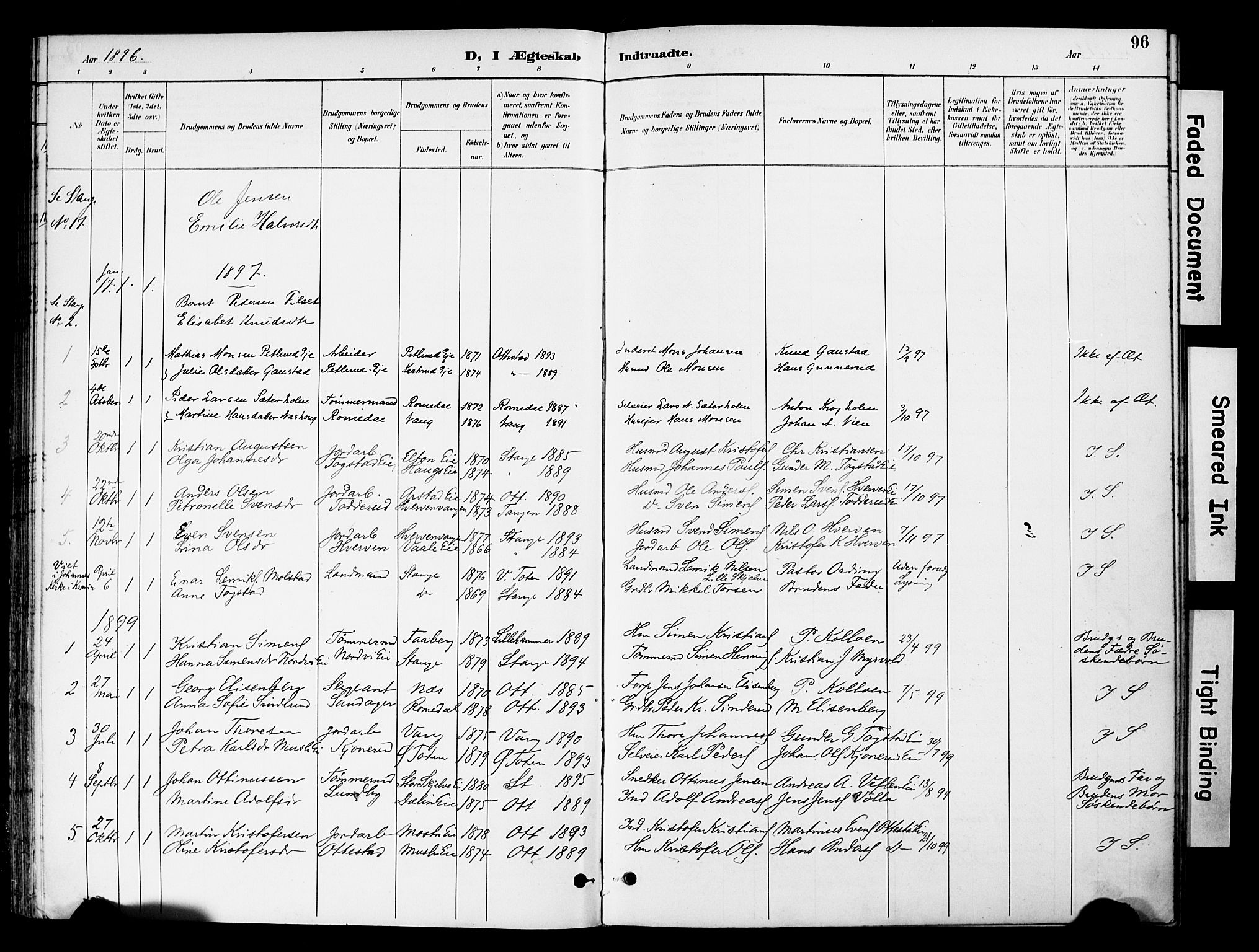 Stange prestekontor, SAH/PREST-002/K/L0021: Parish register (official) no. 21, 1891-1902, p. 96