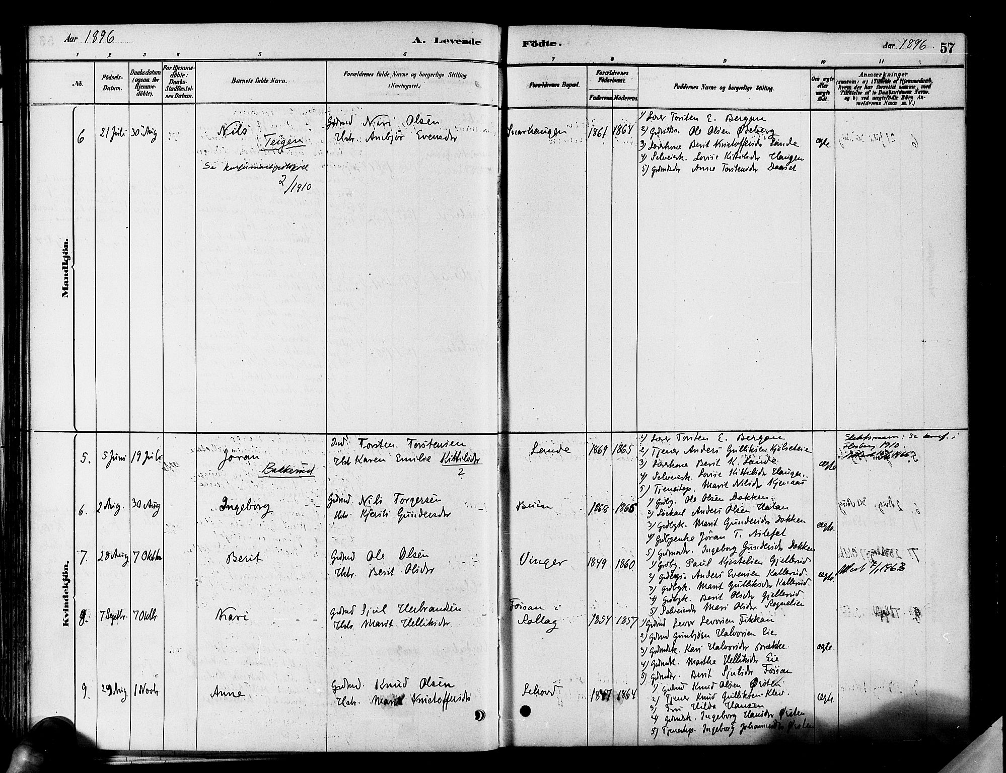 Flesberg kirkebøker, AV/SAKO-A-18/F/Fa/L0008: Parish register (official) no. I 8, 1879-1899, p. 57