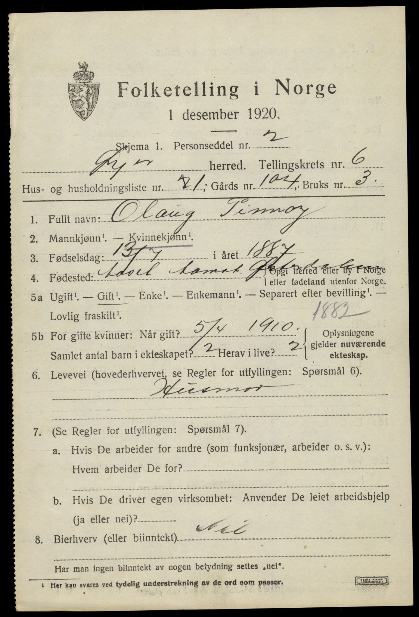 SAH, 1920 census for Øyer, 1920, p. 5362