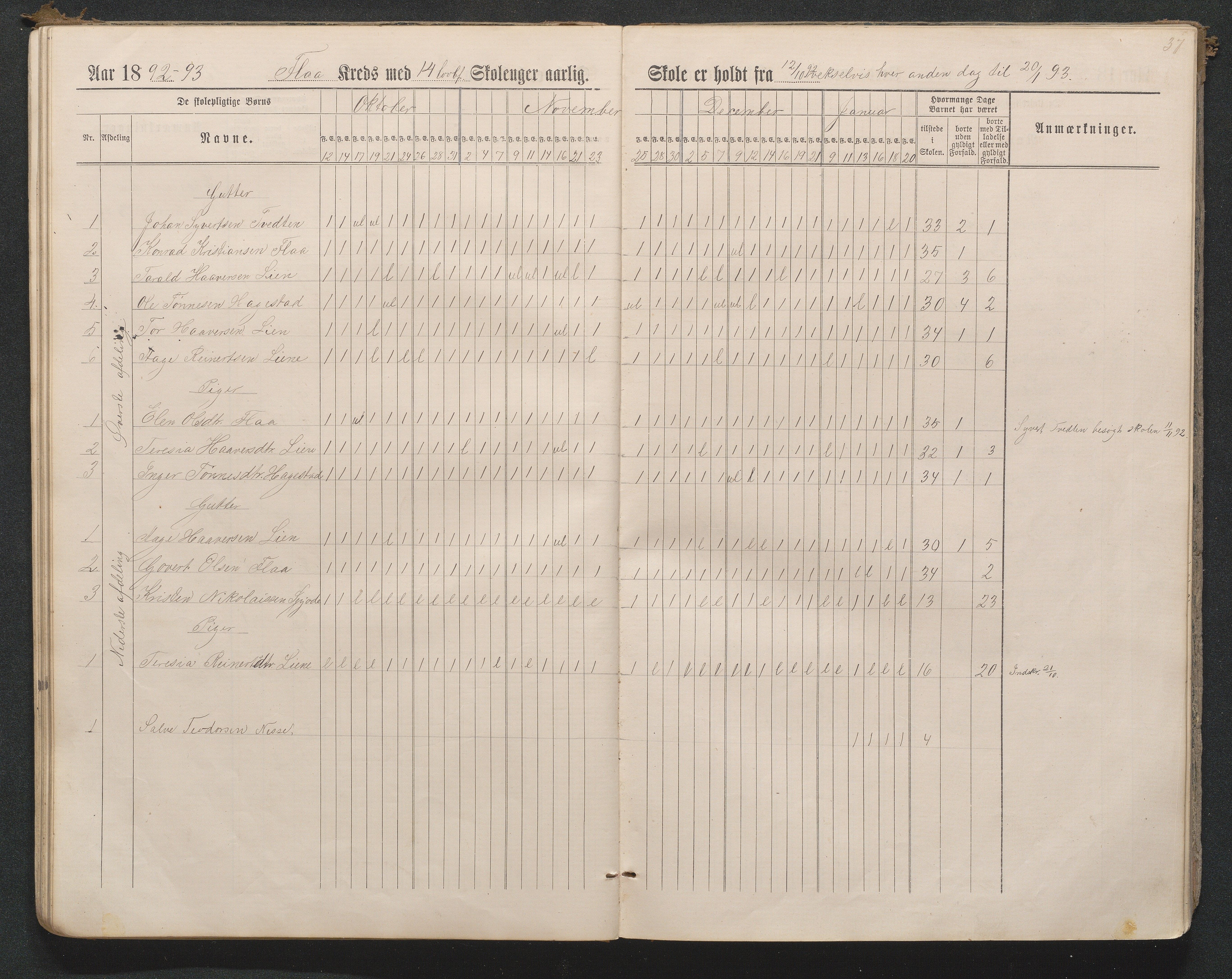 Birkenes kommune, Flå, Senumstad og Rislå skolekretser frem til 1991, AAKS/KA0928-550b_91/F02/L0001: Dagbok for Flå og Rislå, 1886-1900, p. 37