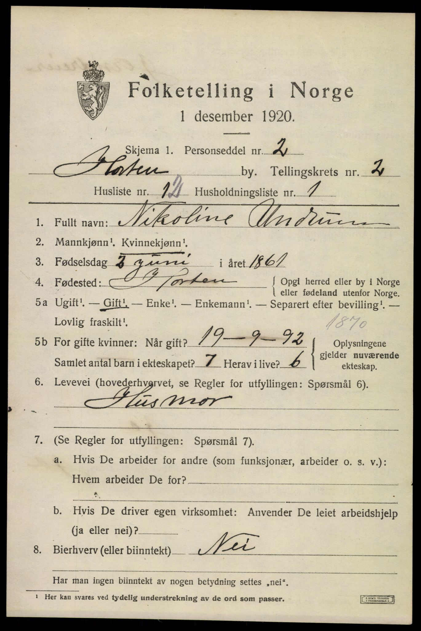 SAKO, 1920 census for Horten, 1920, p. 10347