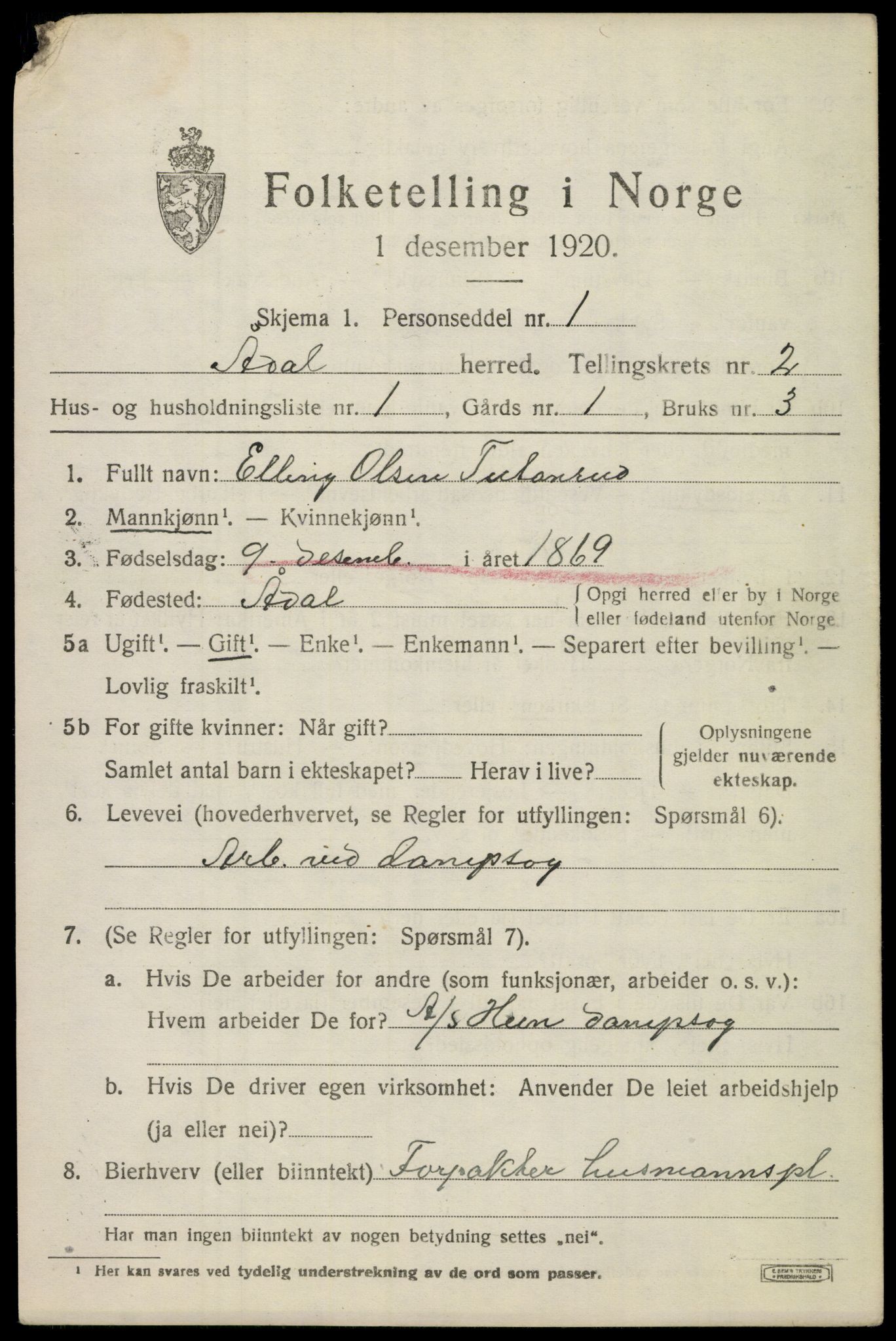 SAKO, 1920 census for Ådal, 1920, p. 2174