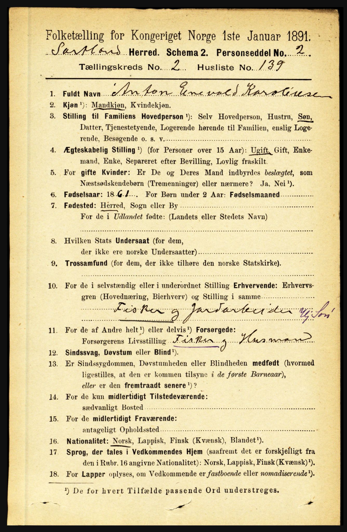 RA, 1891 census for 1870 Sortland, 1891, p. 2055