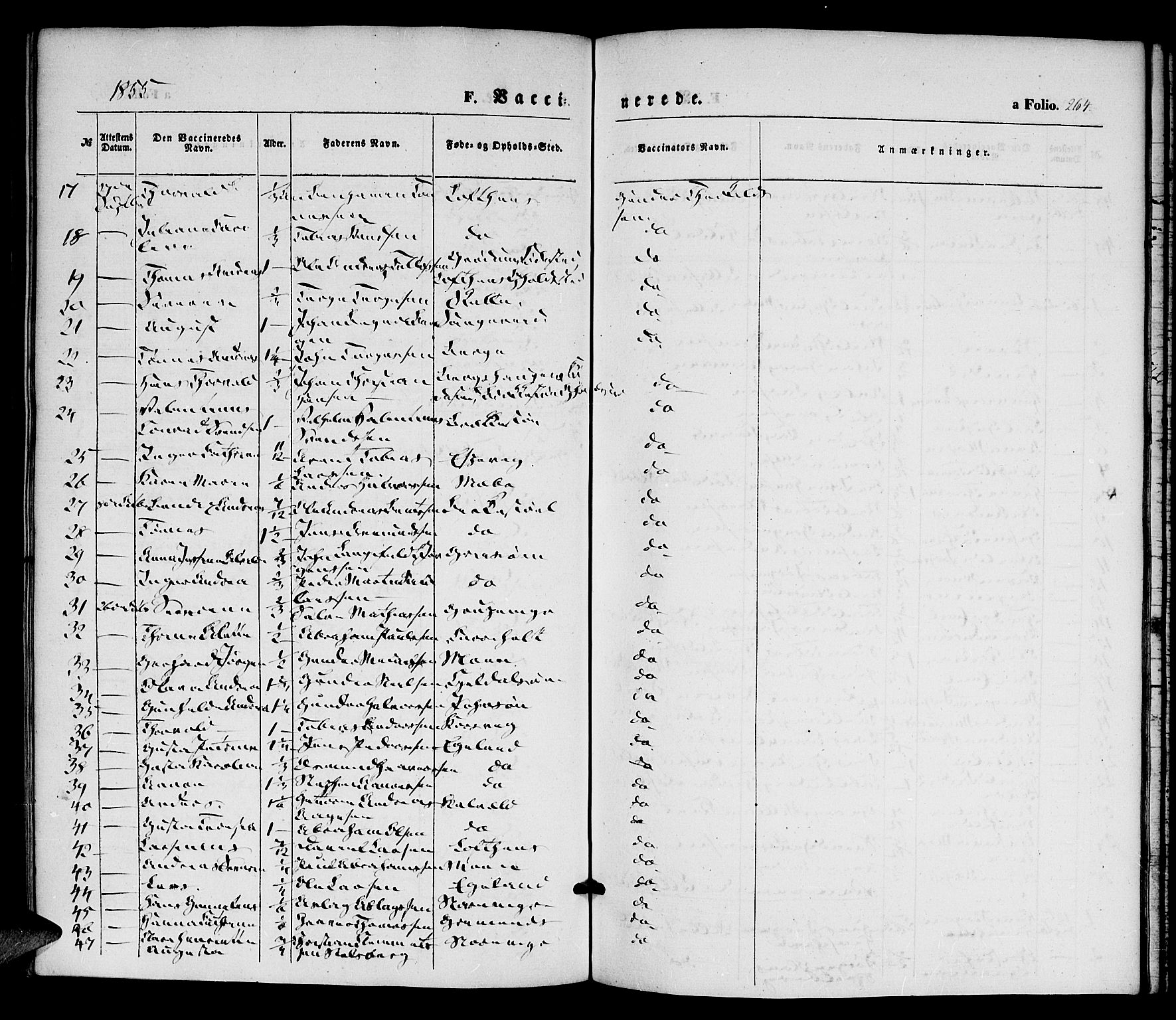 Vestre Moland sokneprestkontor, AV/SAK-1111-0046/F/Fa/Fab/L0006: Parish register (official) no. A 6, 1850-1858, p. 264