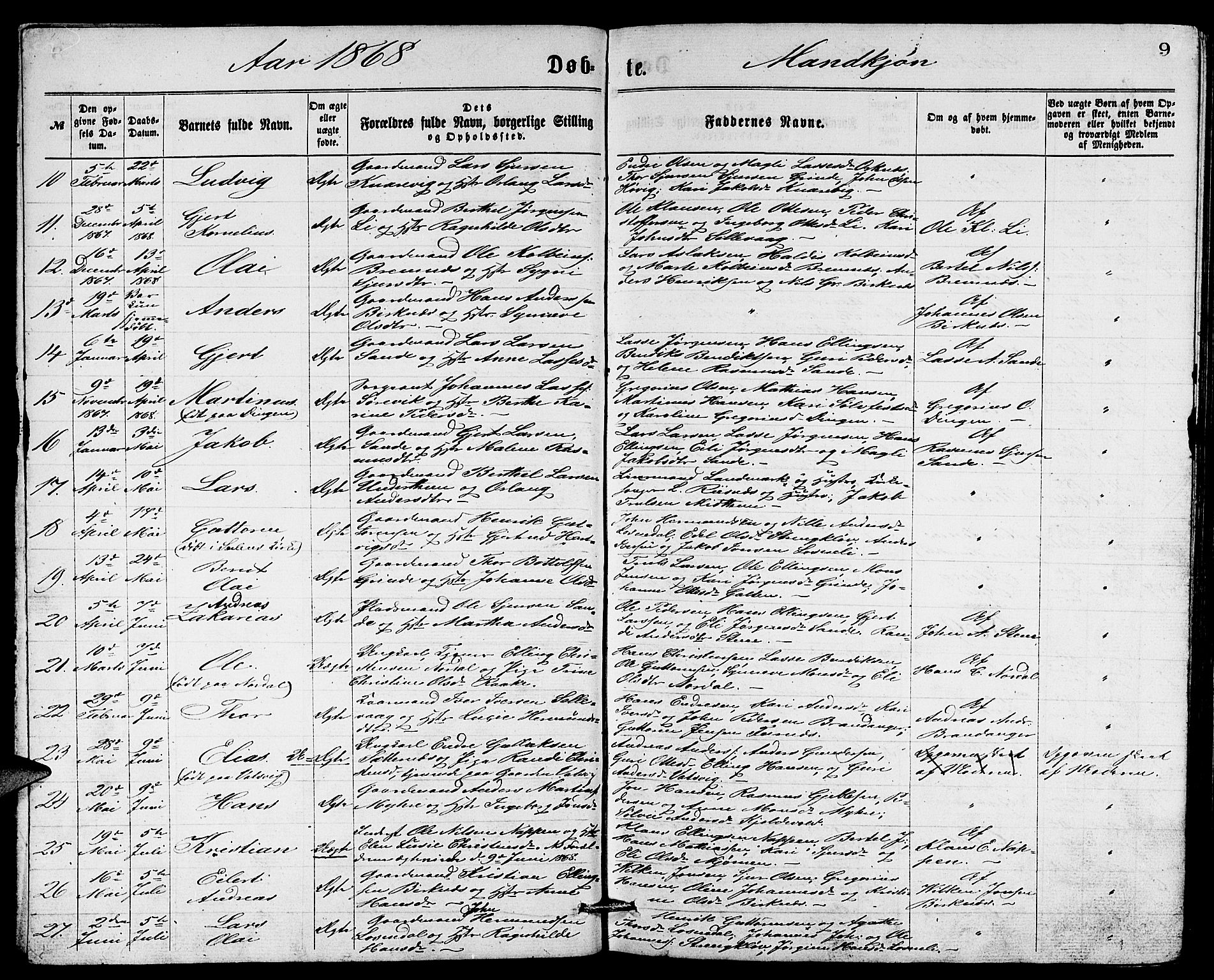 Gulen sokneprestembete, SAB/A-80201/H/Hab/Habb/L0002: Parish register (copy) no. B 2, 1867-1883, p. 9