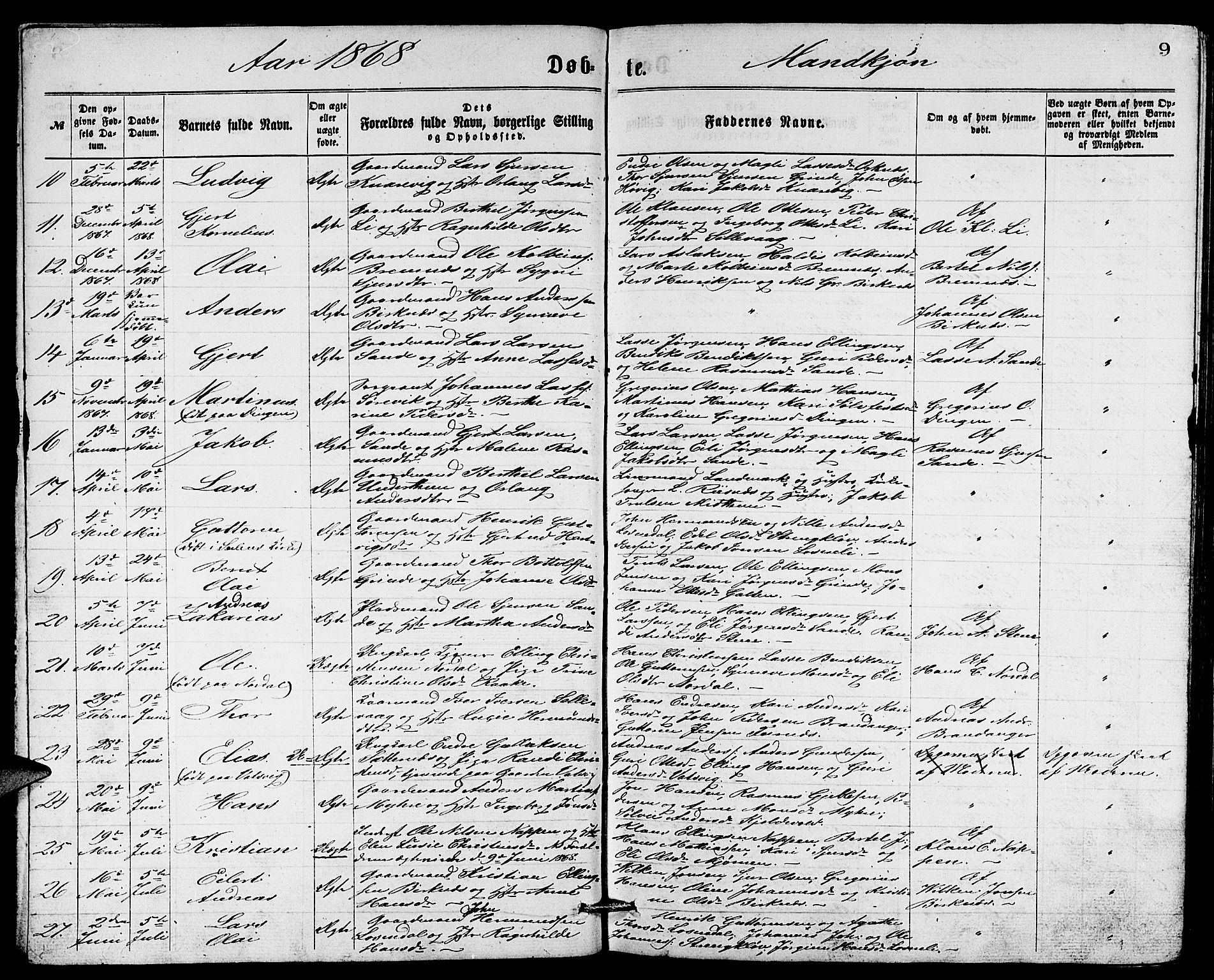 Gulen sokneprestembete, AV/SAB-A-80201/H/Hab/Habb/L0002: Parish register (copy) no. B 2, 1867-1883, p. 9