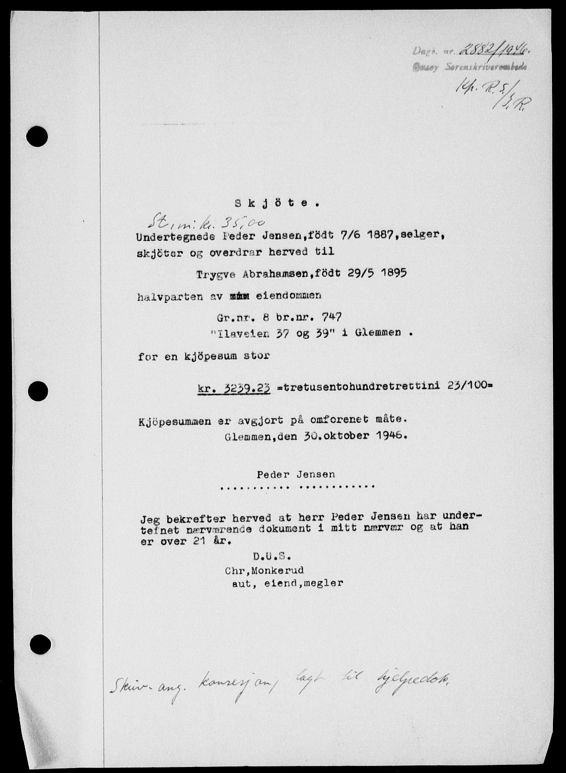 Onsøy sorenskriveri, SAO/A-10474/G/Ga/Gab/L0018: Mortgage book no. II A-18, 1946-1947, Diary no: : 2882/1946