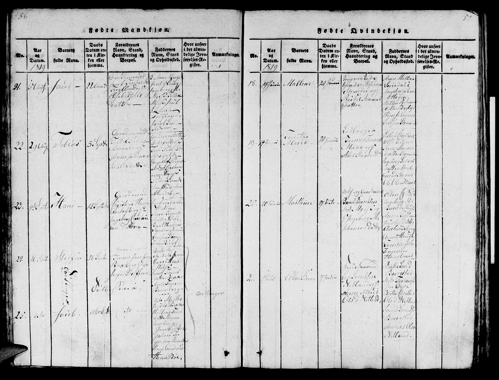 Sokndal sokneprestkontor, AV/SAST-A-101808: Parish register (official) no. A 6, 1815-1826, p. 56-57