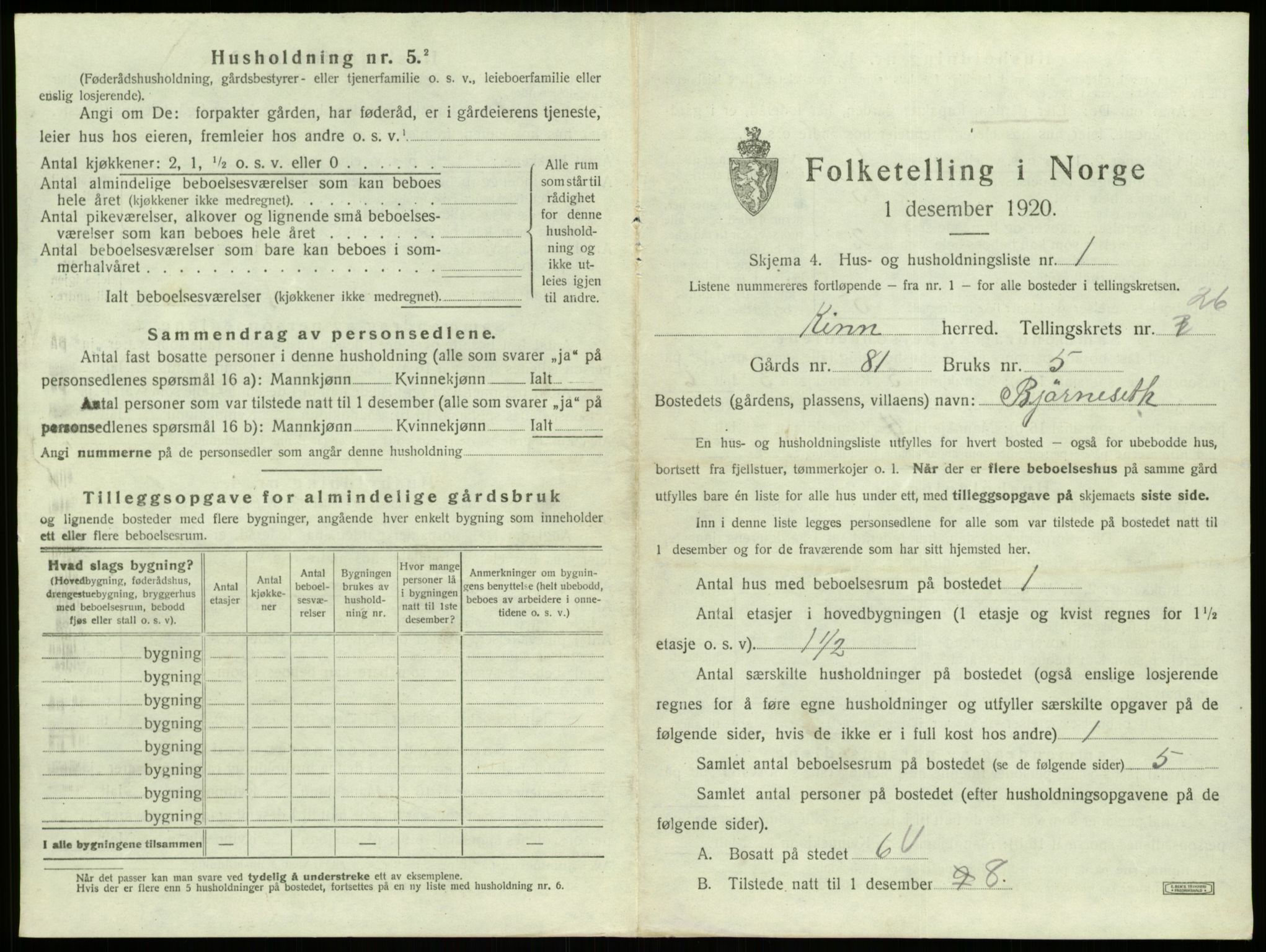 SAB, 1920 census for Kinn, 1920, p. 1251
