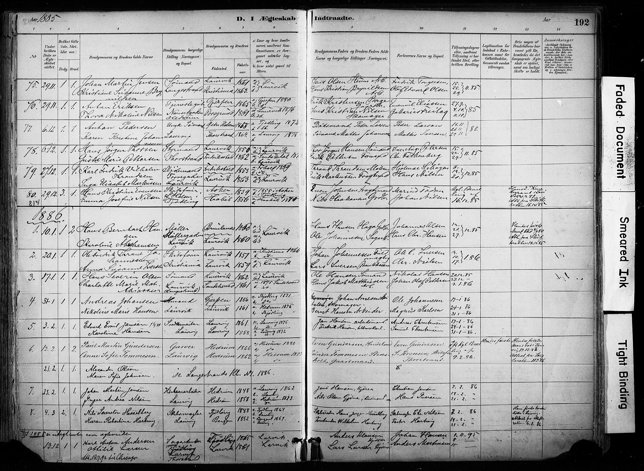 Larvik kirkebøker, AV/SAKO-A-352/F/Fa/L0008: Parish register (official) no. I 8, 1884-1902, p. 192