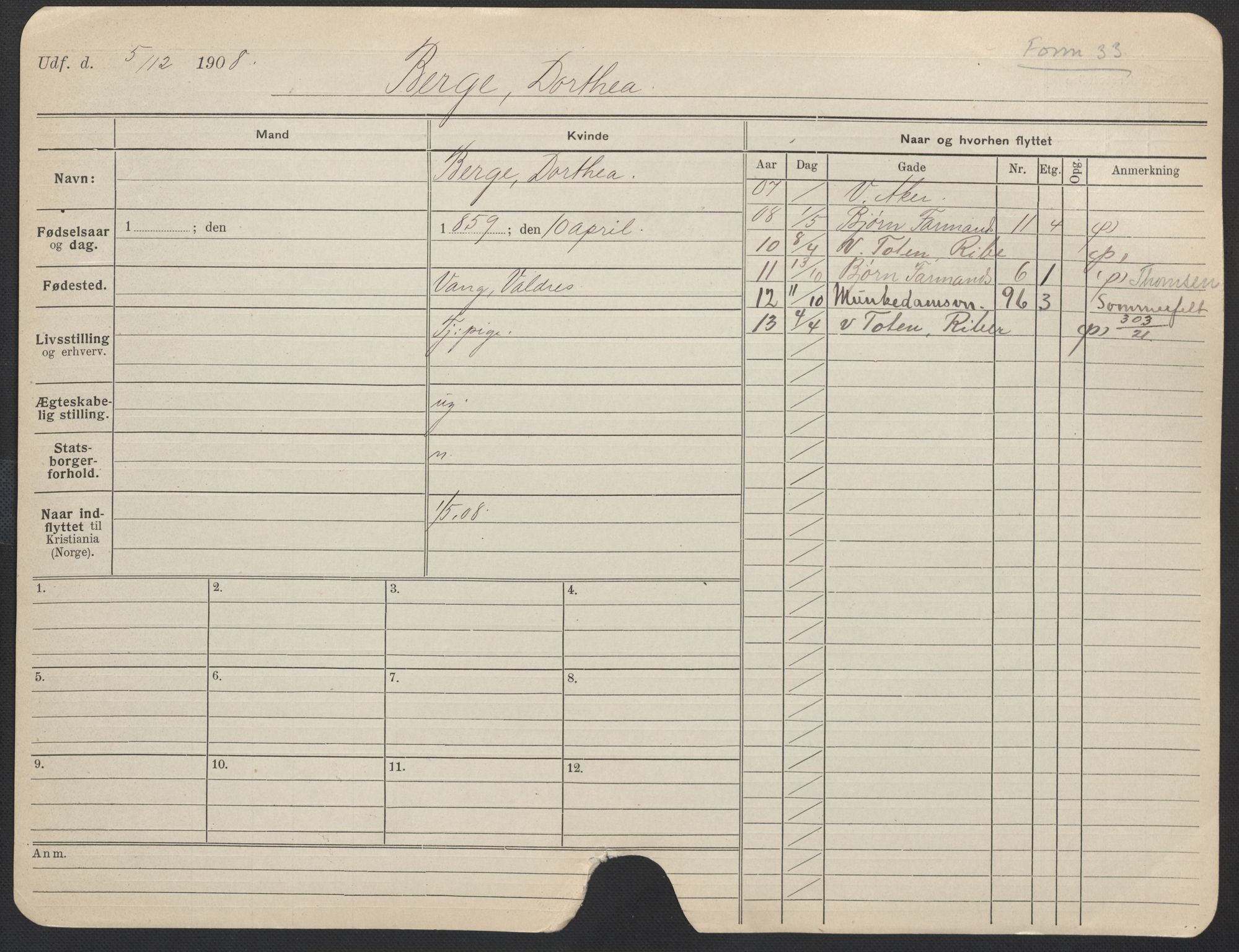 Oslo folkeregister, Registerkort, AV/SAO-A-11715/F/Fa/Fac/L0013: Kvinner, 1906-1914, p. 177a