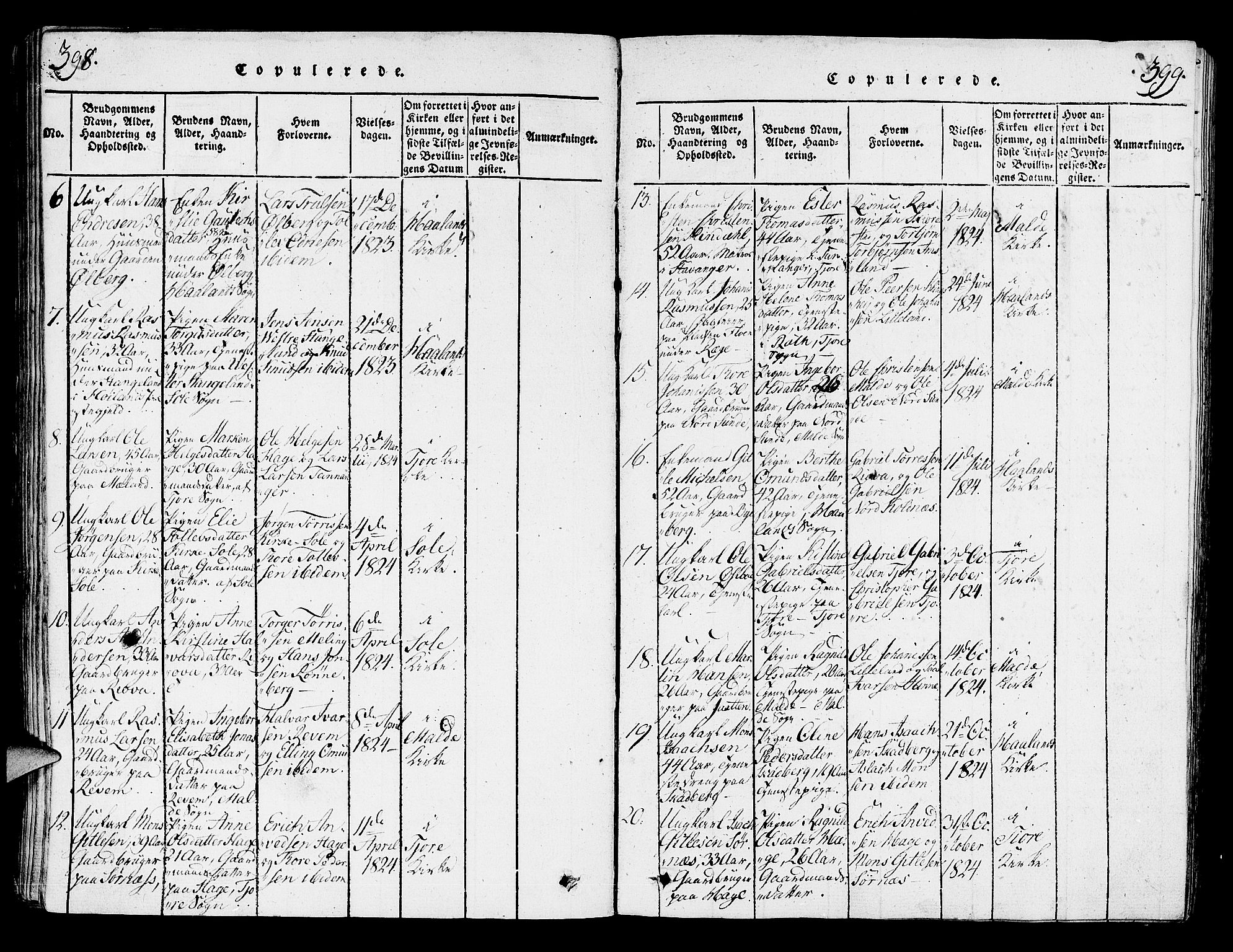 Håland sokneprestkontor, AV/SAST-A-101802/001/30BA/L0004: Parish register (official) no. A 4, 1815-1829, p. 398-399