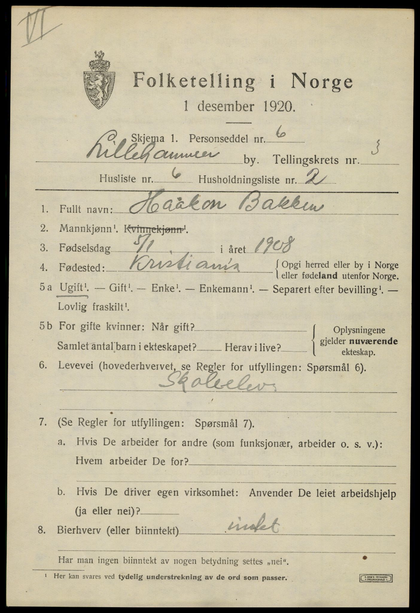 SAH, 1920 census for Lillehammer, 1920, p. 5776