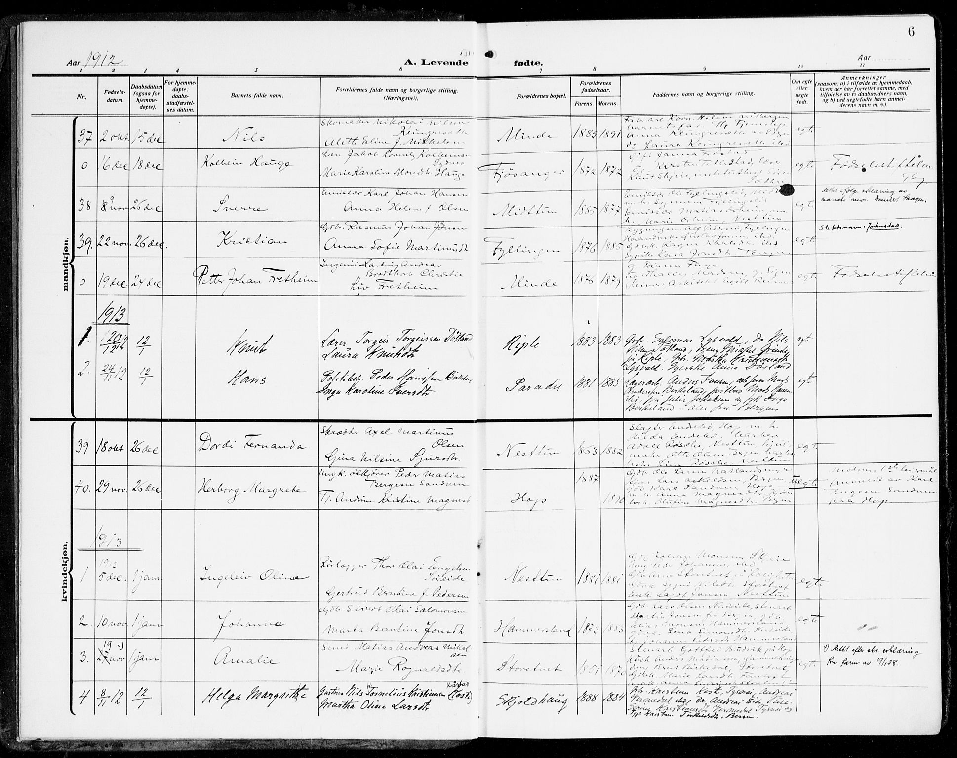 Fana Sokneprestembete, AV/SAB-A-75101/H/Haa/Haai/L0004: Parish register (official) no. I 4, 1912-1933, p. 6