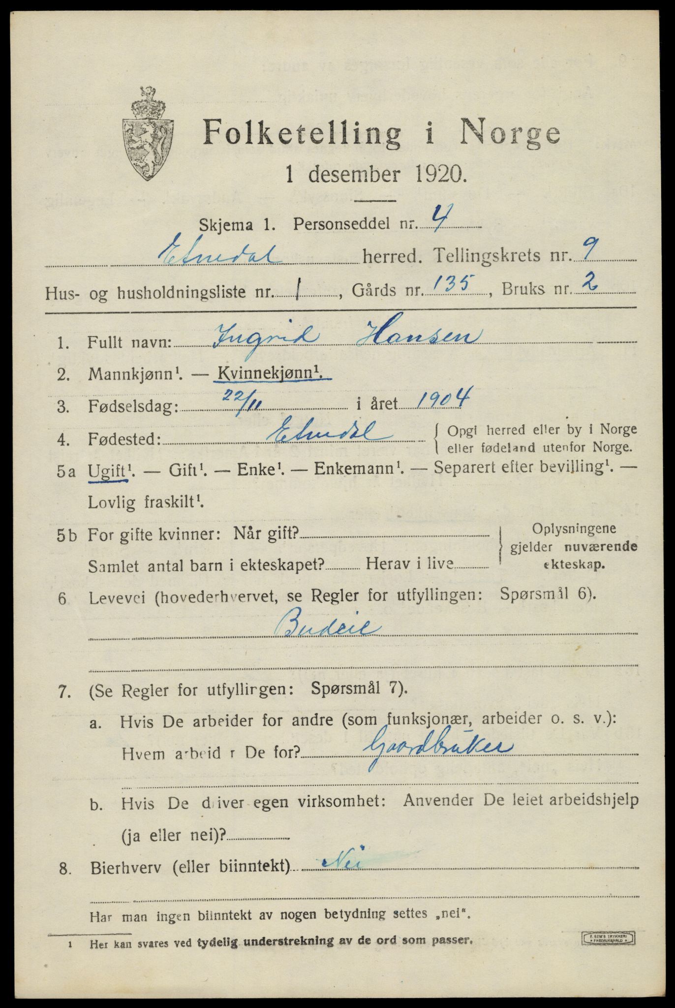 SAH, 1920 census for Etnedal, 1920, p. 3960
