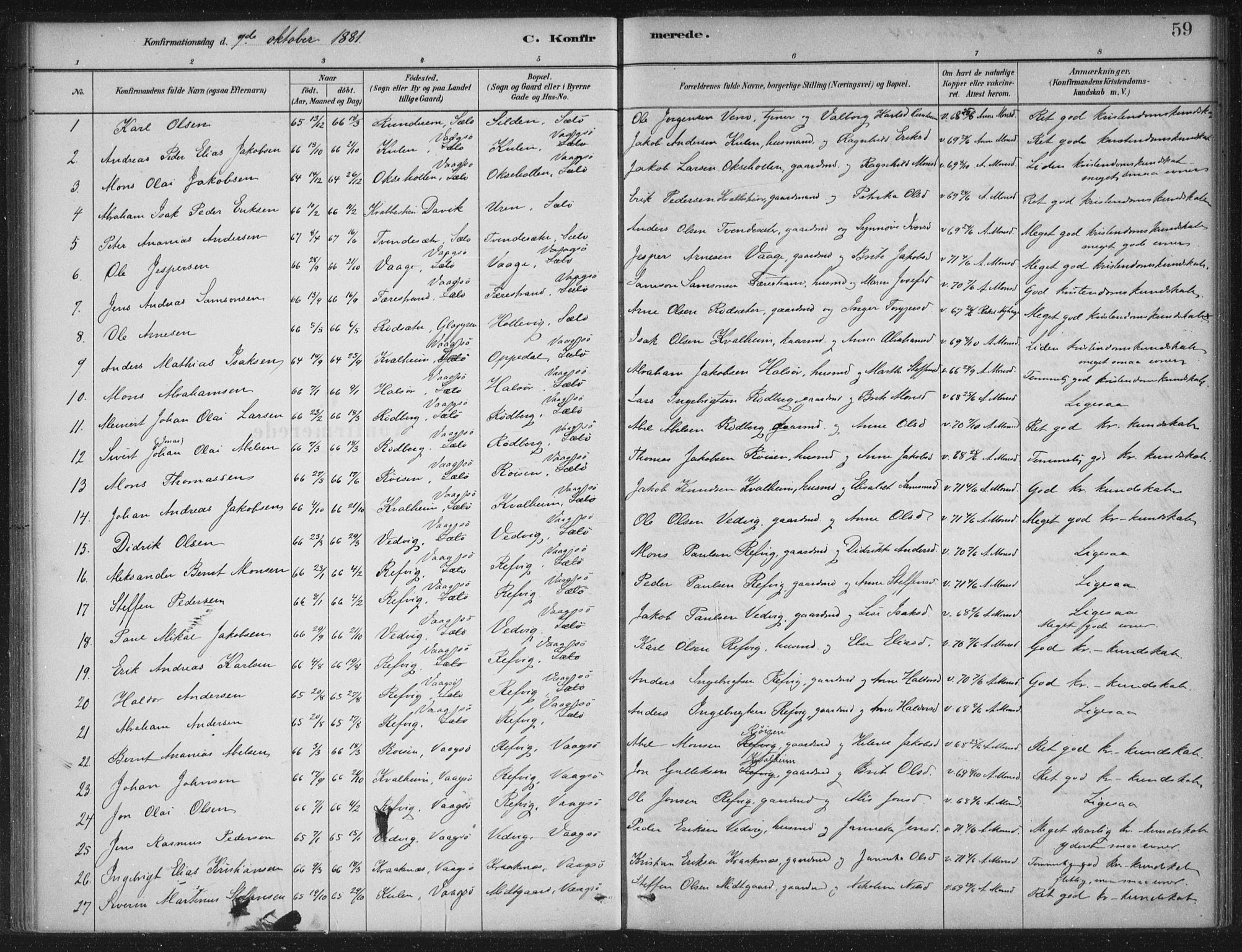 Selje sokneprestembete, SAB/A-99938/H/Ha/Haa/Haac/L0001: Parish register (official) no. C  1, 1881-1888, p. 59