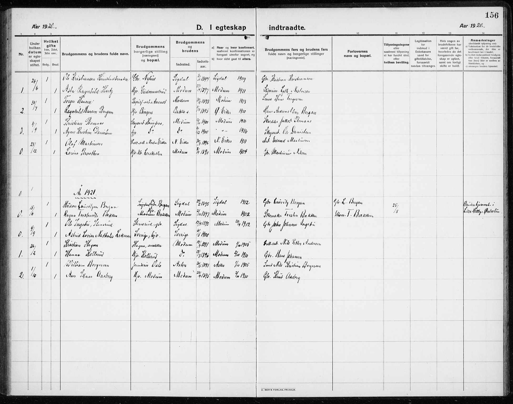 Modum kirkebøker, AV/SAKO-A-234/G/Gc/L0002: Parish register (copy) no. III 2, 1919-1935, p. 156