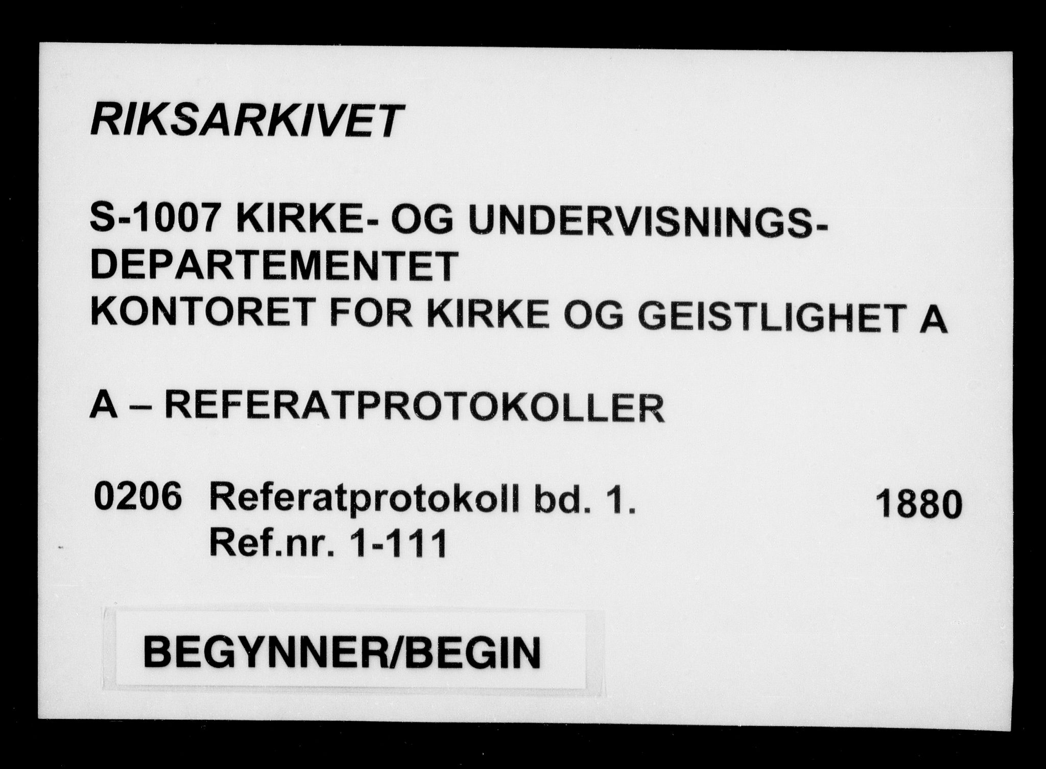 Kirke- og undervisningsdepartementet, Kontoret  for kirke og geistlighet A, RA/S-1007/A/Aa/L0206: Referatprotokoll bd. 1. Ref.nr. 1-111, 1880