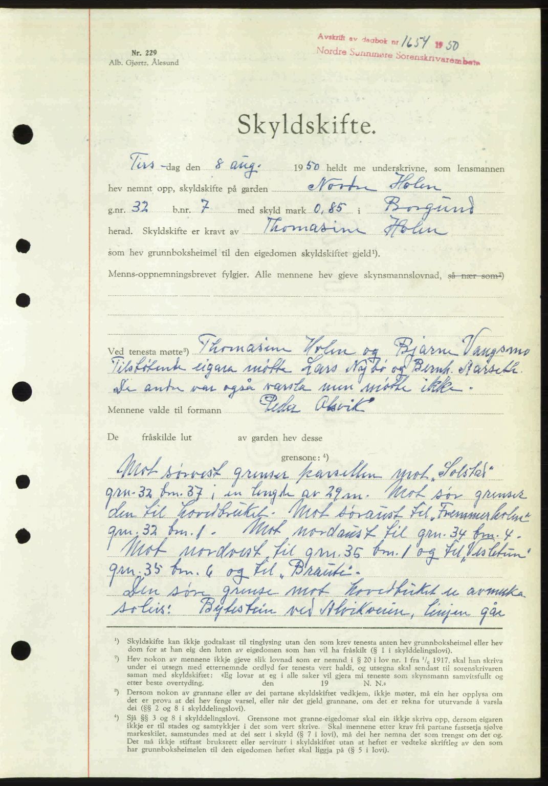 Nordre Sunnmøre sorenskriveri, SAT/A-0006/1/2/2C/2Ca: Mortgage book no. A35, 1950-1950, Diary no: : 1654/1950