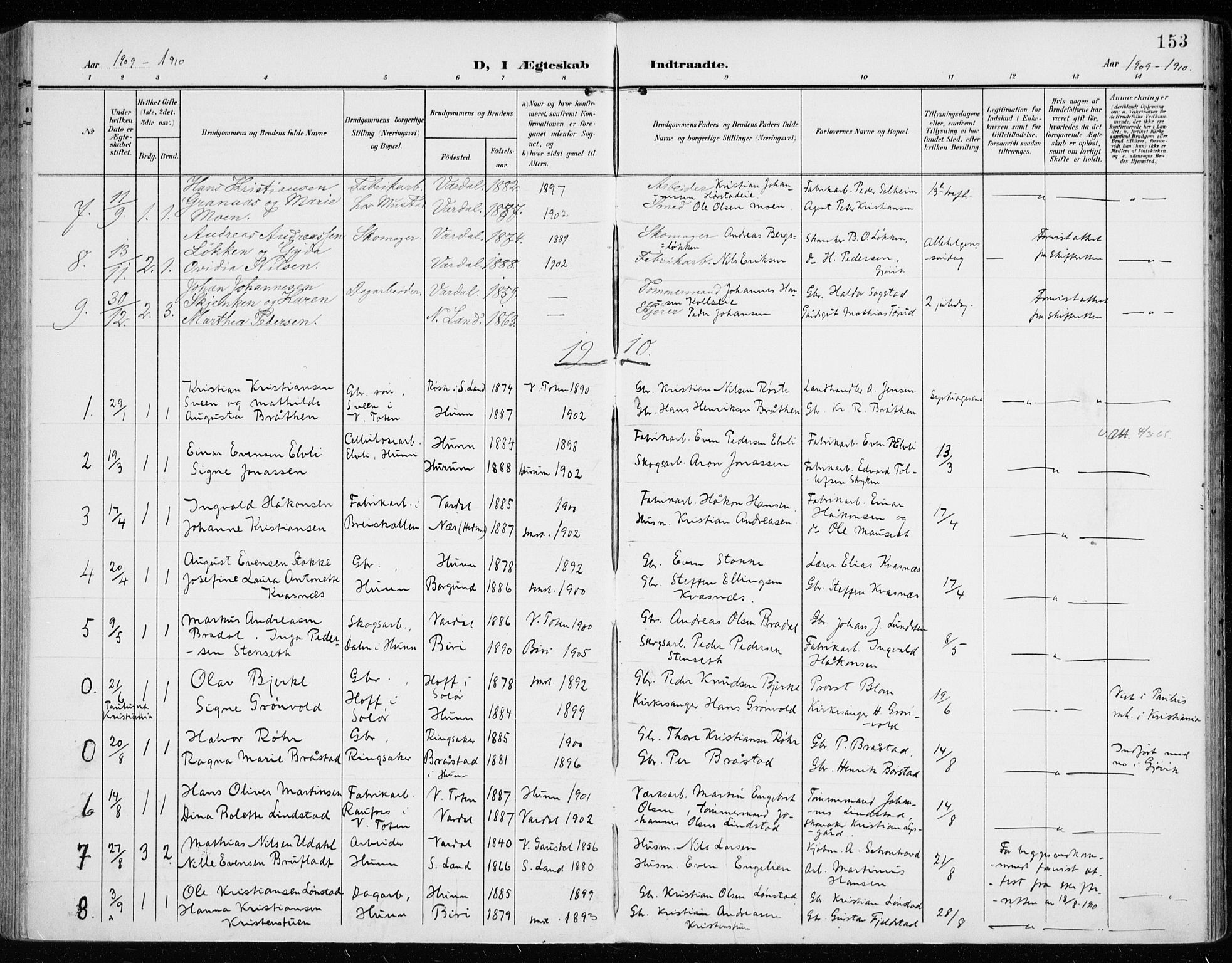 Vardal prestekontor, SAH/PREST-100/H/Ha/Haa/L0016: Parish register (official) no. 16, 1904-1916, p. 153