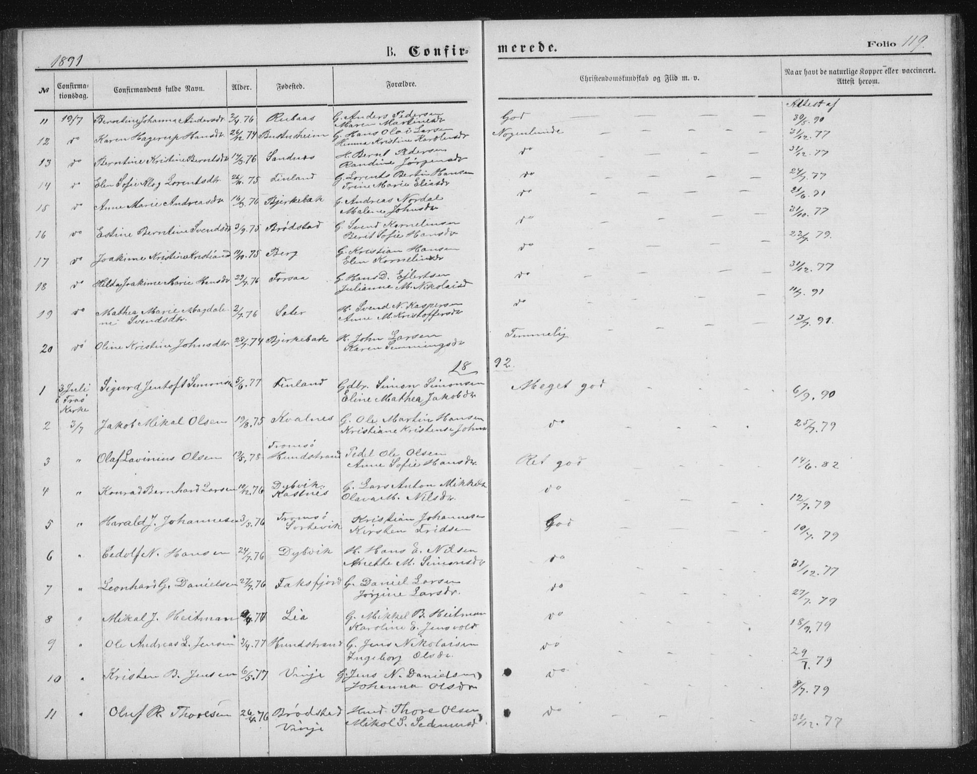 Tranøy sokneprestkontor, SATØ/S-1313/I/Ia/Iab/L0013klokker: Parish register (copy) no. 13, 1874-1896, p. 119