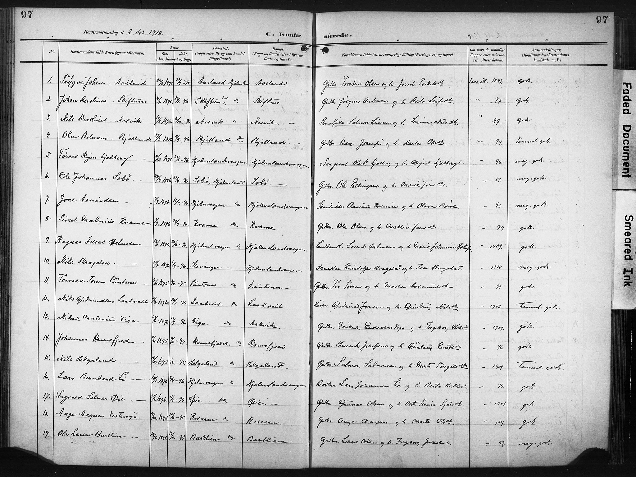 Hjelmeland sokneprestkontor, SAST/A-101843/02/A/L0002: Parish register (official) no. A 17, 1901-1916, p. 97
