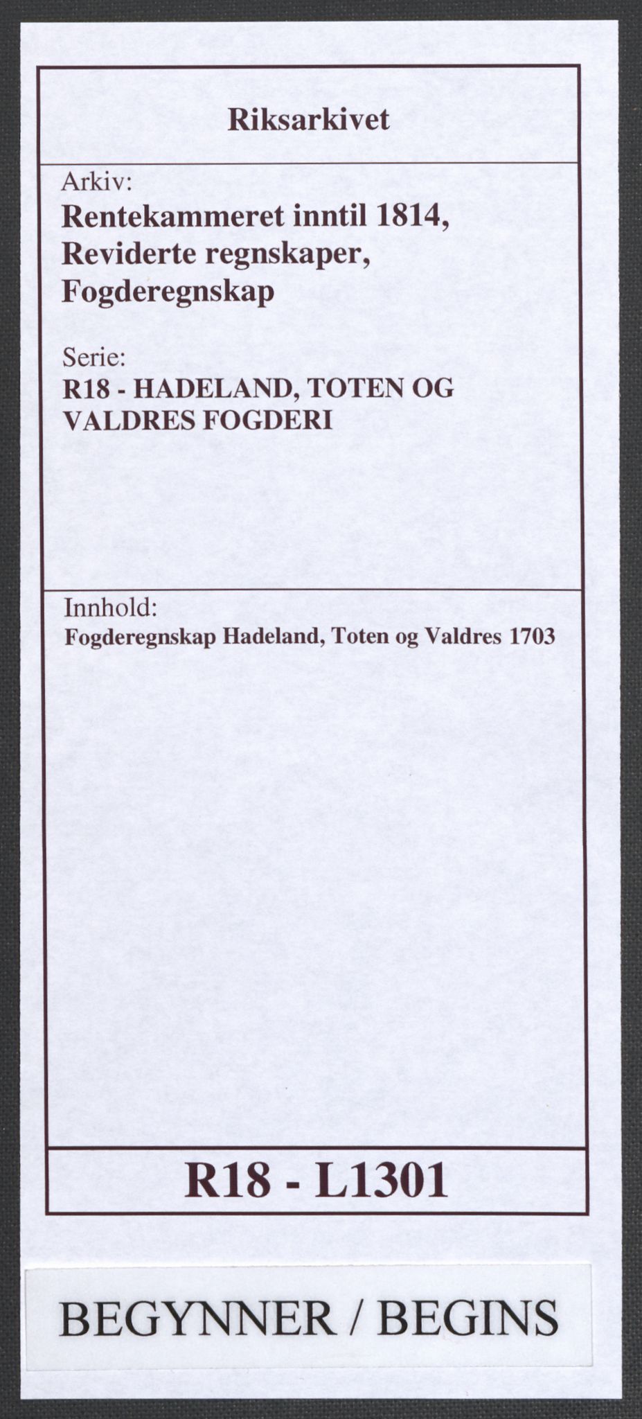 Rentekammeret inntil 1814, Reviderte regnskaper, Fogderegnskap, AV/RA-EA-4092/R18/L1301: Fogderegnskap Hadeland, Toten og Valdres, 1703, p. 1