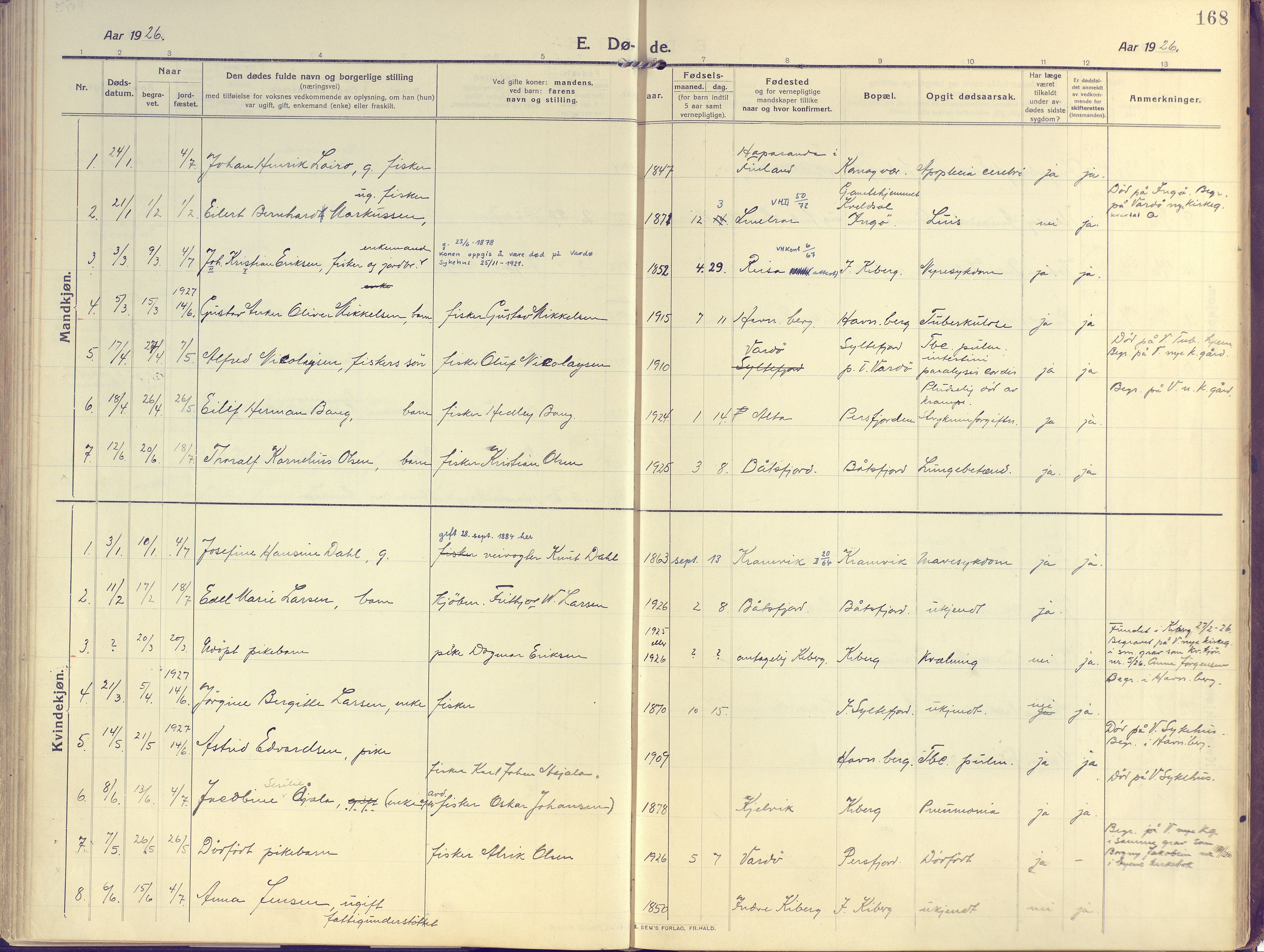 Vardø sokneprestkontor, SATØ/S-1332/H/Ha/L0013kirke: Parish register (official) no. 13, 1912-1928, p. 168