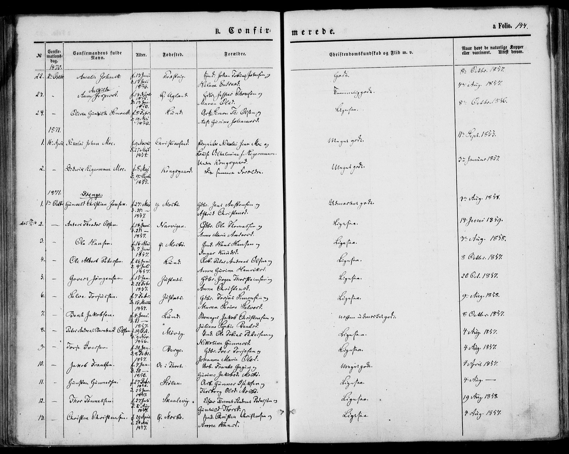 Oddernes sokneprestkontor, AV/SAK-1111-0033/F/Fa/Faa/L0008: Parish register (official) no. A 8, 1864-1880, p. 144