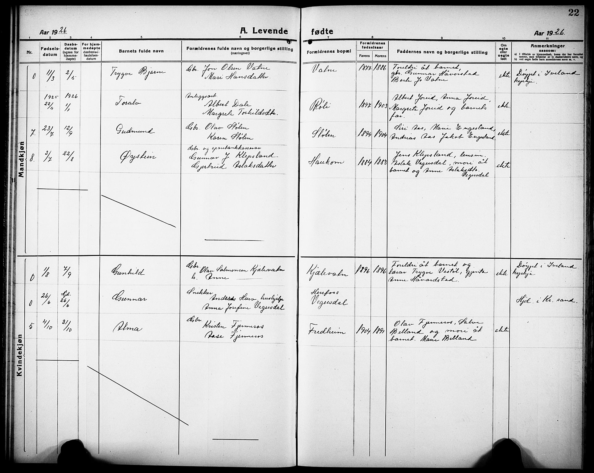 Herefoss sokneprestkontor, SAK/1111-0019/F/Fb/Fbb/L0004: Parish register (copy) no. B 4, 1917-1933, p. 22