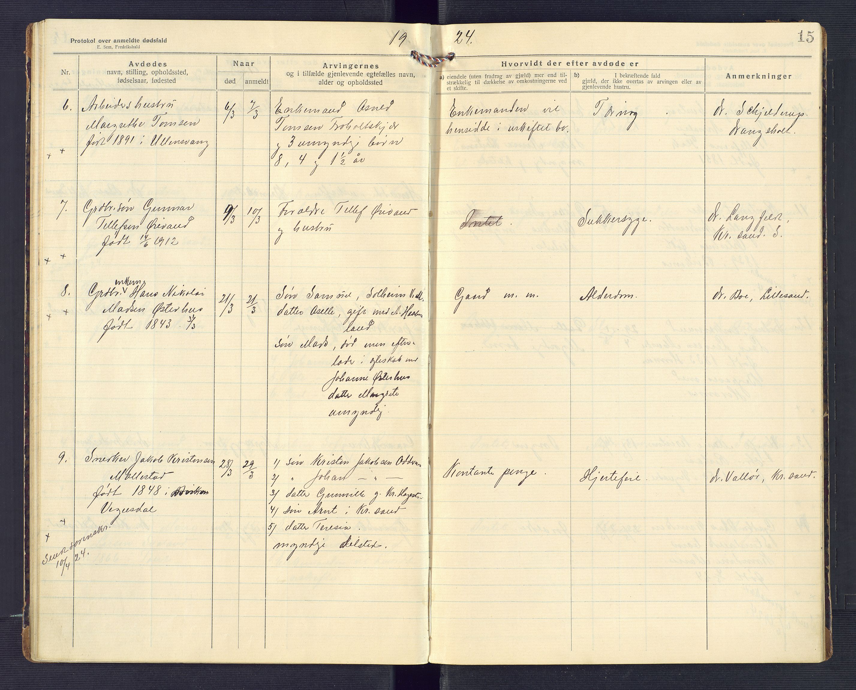 Birkenes lensmannskontor, SAK/1241-0004/F/Fe/L0001/0002: Dødsfallsprotokoller / Dødsfallsprotokoll, 1920-1932, p. 15